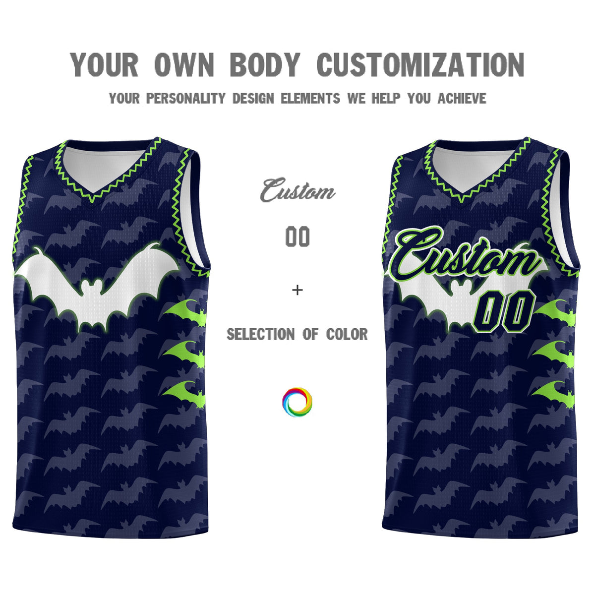 Custom Navy Fluorescent Green Bat Pattern Halloween Basketball Jersey | For Men,For Kid,For Youth,Sublimation Printed,Perfect for Training,Perfect for Parties,Add Name and Numbern | KXKSHOP