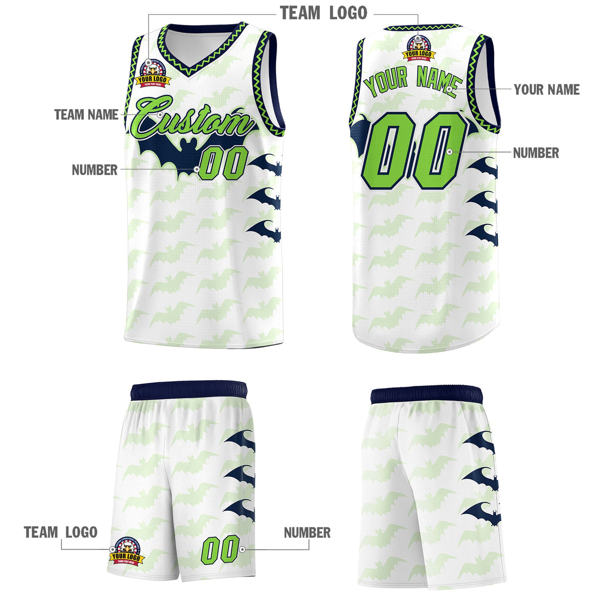 Custom White Fluorescent Green Navy Bat Pattern Halloween Basketball Jersey | For Men,For Kid,For Youth,Sublimation Printed,Perfect for Training,Perfect for Parties,Add Name and Numbern | KXKSHOP