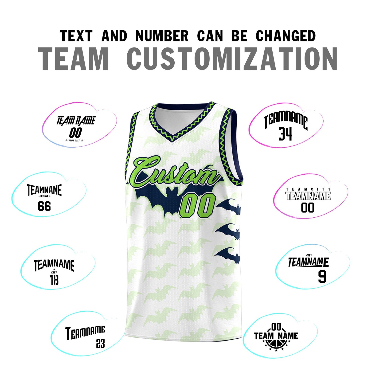 Custom White Fluorescent Green Navy Bat Pattern Halloween Basketball Jersey | For Men,For Kid,For Youth,Sublimation Printed,Perfect for Training,Perfect for Parties,Add Name and Numbern | KXKSHOP