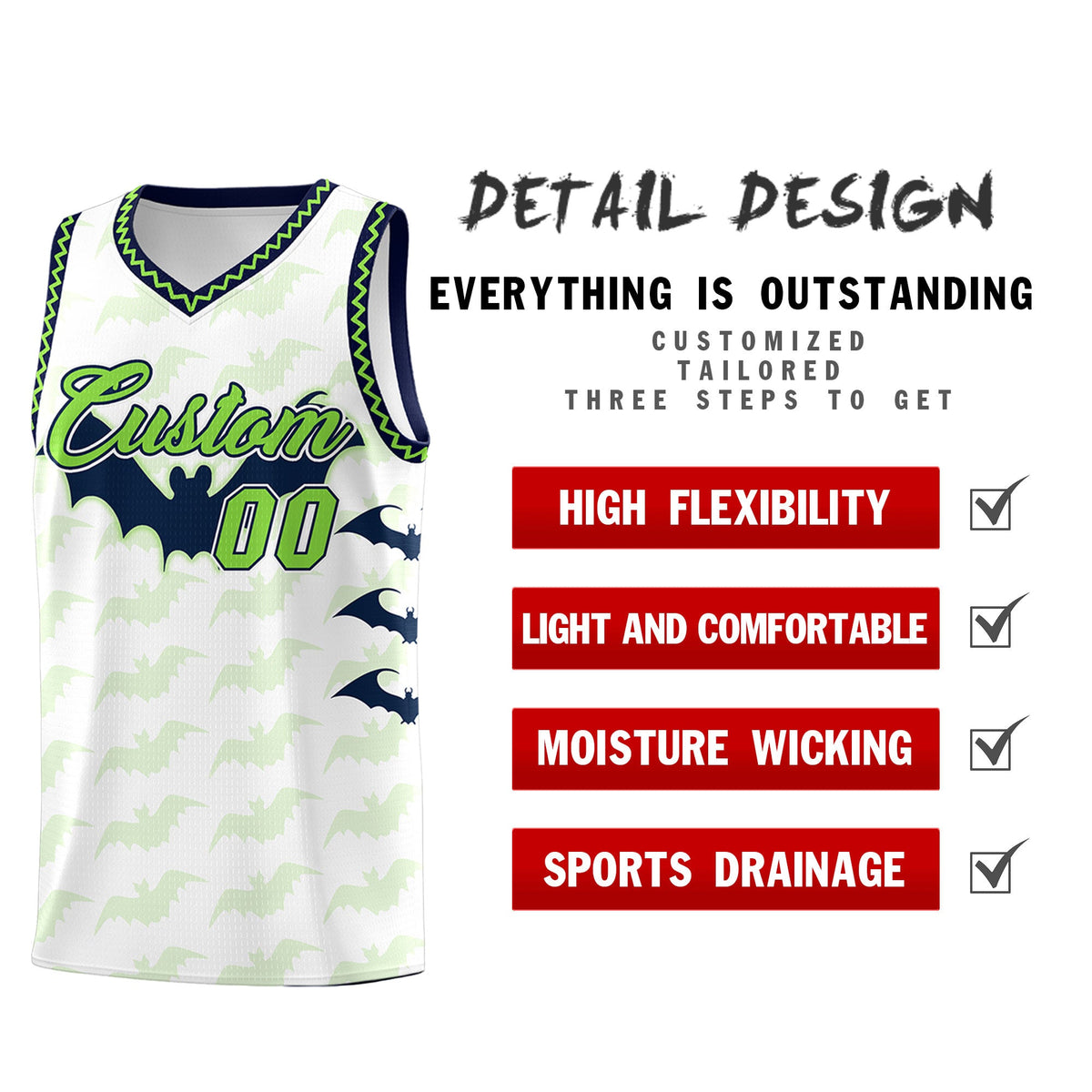 Custom White Fluorescent Green Navy Bat Pattern Halloween Basketball Jersey | For Men,For Kid,For Youth,Sublimation Printed,Perfect for Training,Perfect for Parties,Add Name and Numbern | KXKSHOP