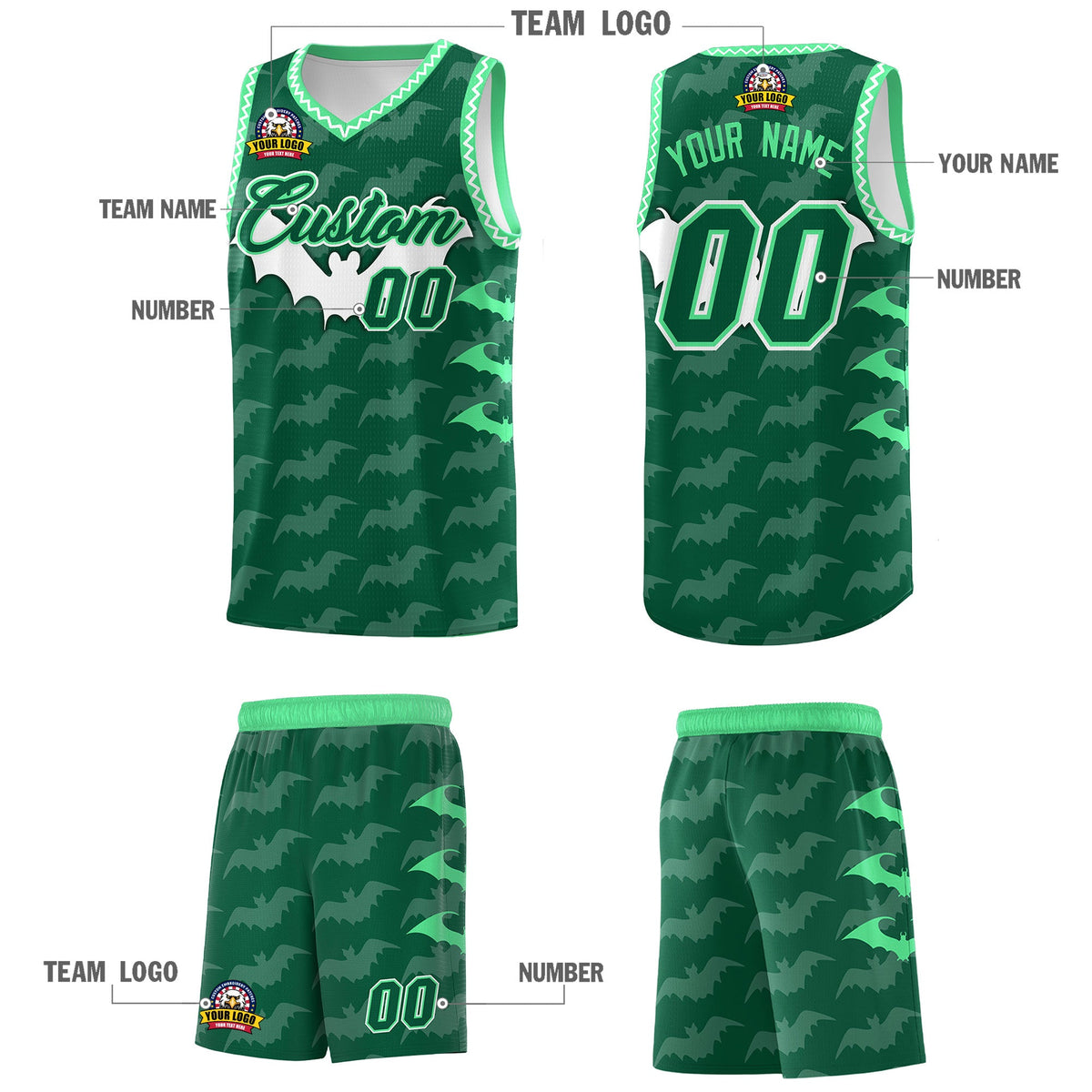Custom Kelly Green White Green Bat Pattern Halloween Basketball Jersey | For Men,For Kid,For Youth,Sublimation Printed,Perfect for Training,Perfect for Parties,Add Name and Numbern | KXKSHOP
