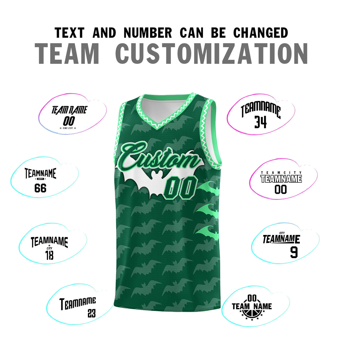 Custom Kelly Green White Green Bat Pattern Halloween Basketball Jersey | For Men,For Kid,For Youth,Sublimation Printed,Perfect for Training,Perfect for Parties,Add Name and Numbern | KXKSHOP