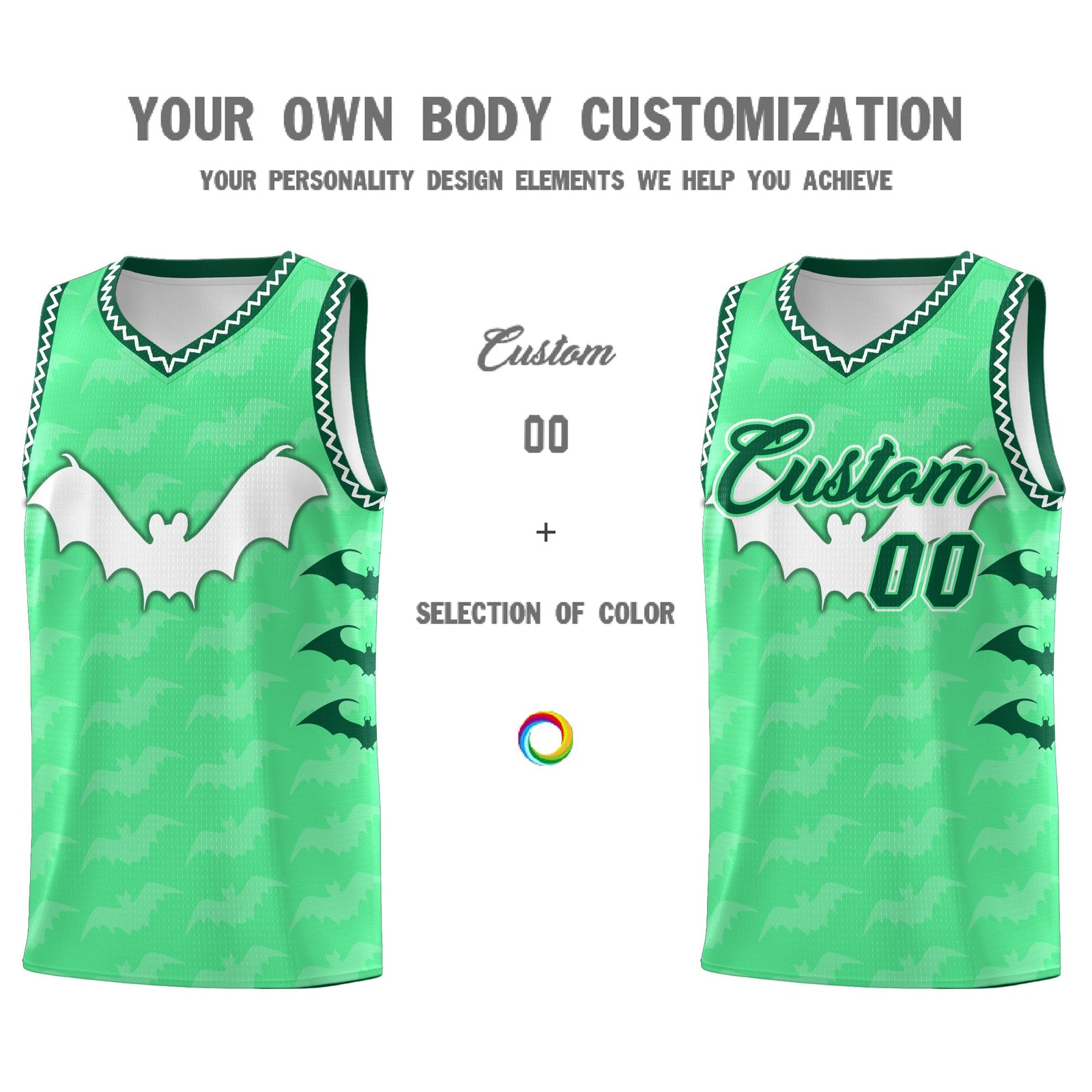 Custom Green White Bat Pattern Halloween Basketball Jersey | For Men,For Kid,For Youth,Sublimation Printed,Perfect for Training,Perfect for Parties,Add Name and Numbern | KXKSHOP