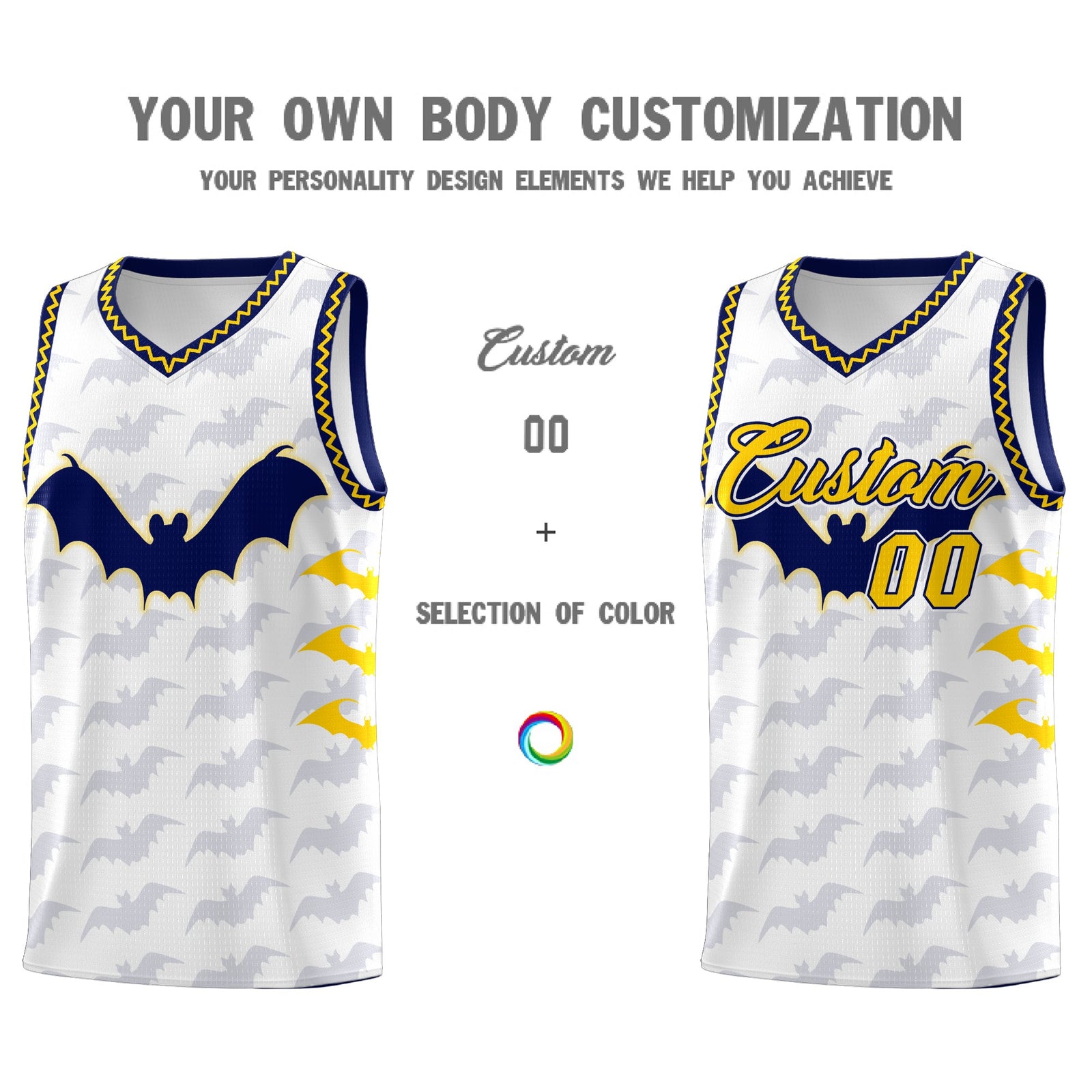 Custom White Gold Navy Bat Pattern Halloween Basketball Jersey | For Men,For Kid,For Youth,Sublimation Printed,Perfect for Training,Perfect for Parties,Add Name and Numbern | KXKSHOP