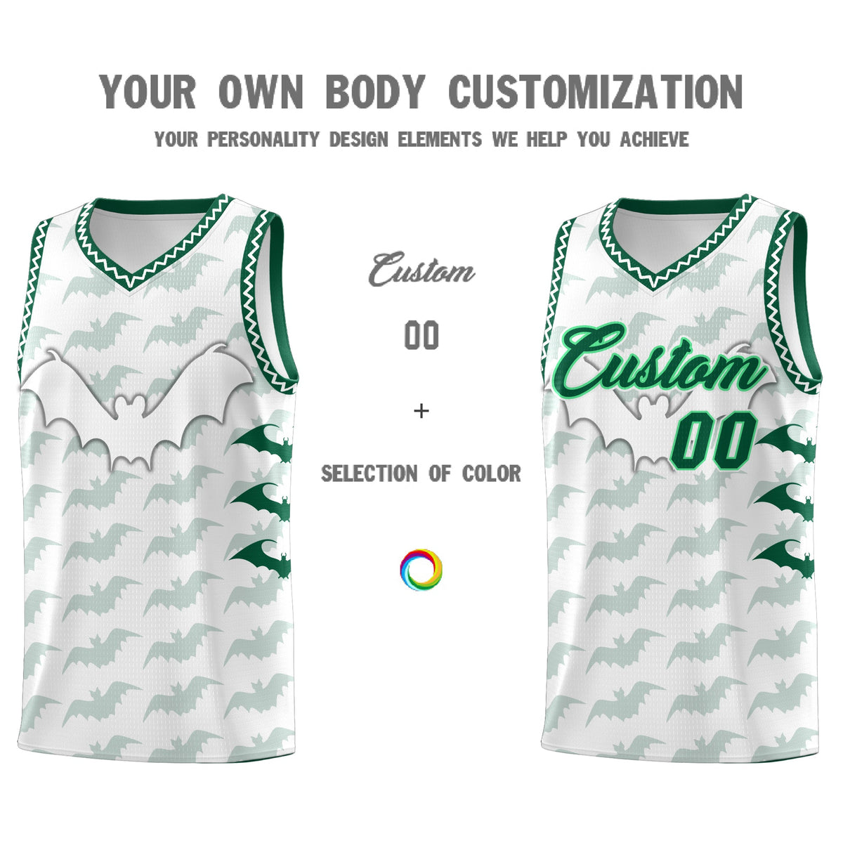 Custom White Kelly Green Bat Pattern Halloween Basketball Jersey | For Men,For Kid,For Youth,Sublimation Printed,Perfect for Training,Perfect for Parties,Add Name and Numbern | KXKSHOP