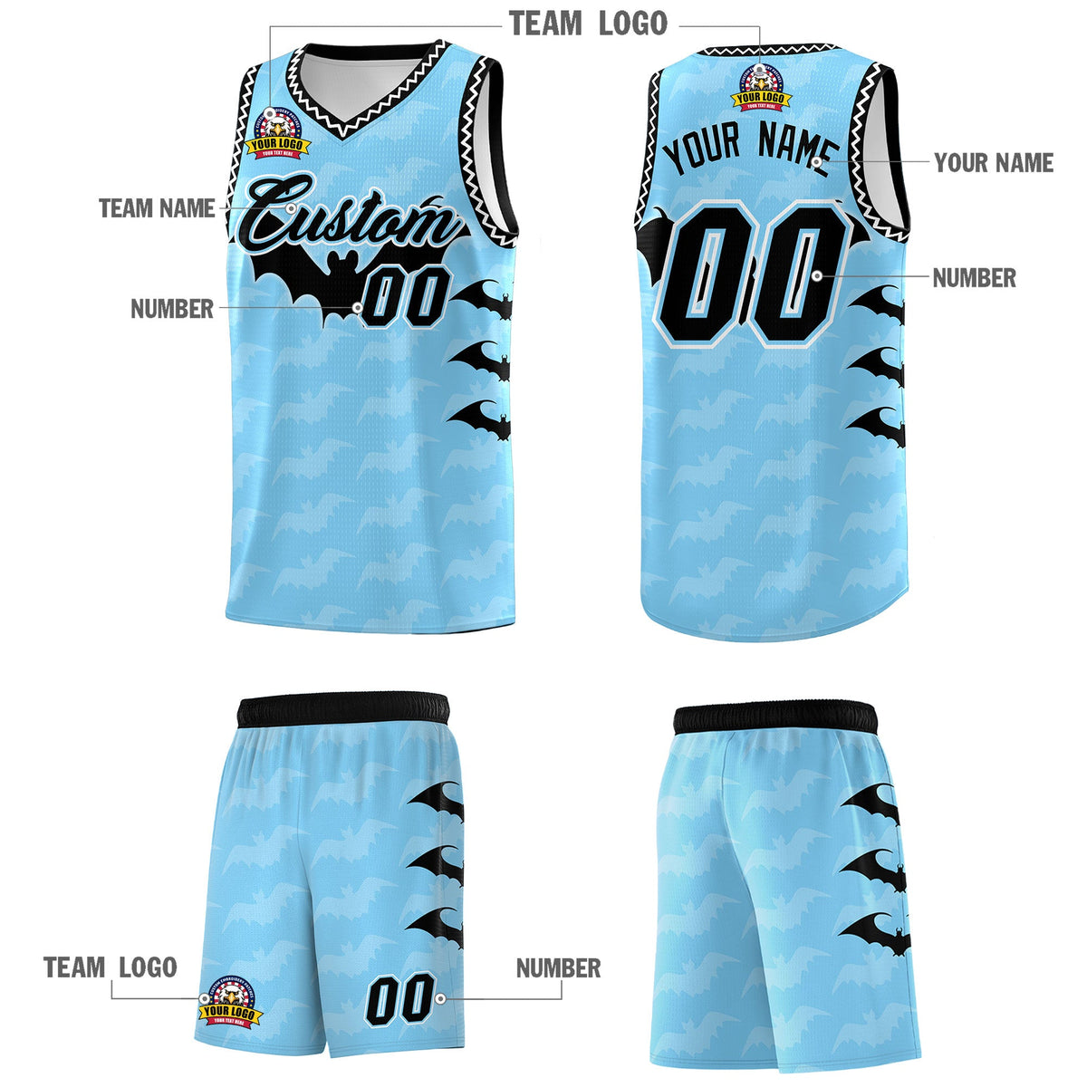 Custom Light Blue White Black Bat Pattern Halloween Basketball Jersey | For Men,For Kid,For Youth,Sublimation Printed,Perfect for Training,Perfect for Parties,Add Name and Numbern | KXKSHOP