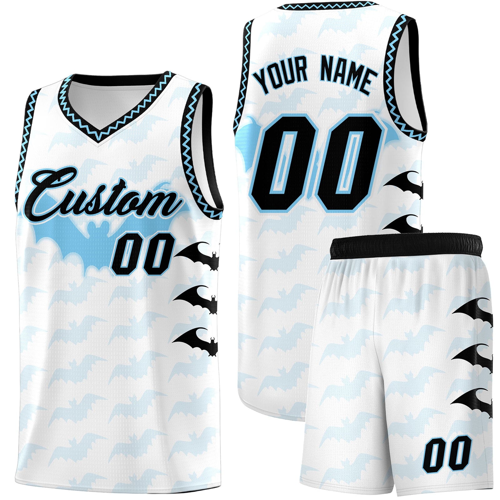 Custom White Light Blue Bat Pattern Halloween Basketball Jersey | For Men,For Kid,For Youth,Sublimation Printed,Perfect for Training,Perfect for Parties,Add Name and Numbern | KXKSHOP