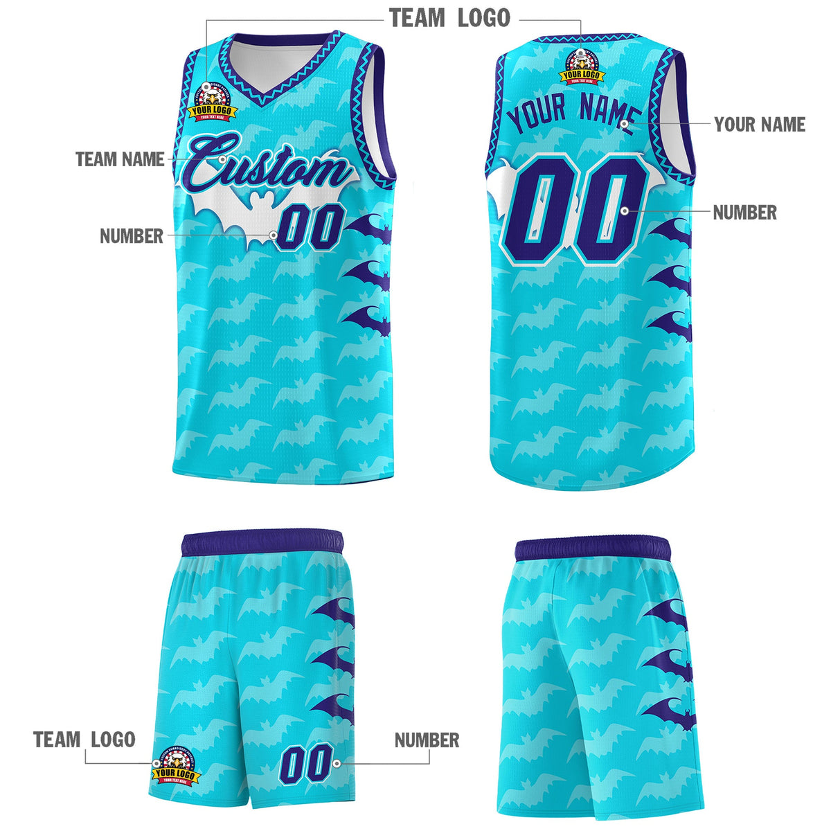 Custom Sky Blue Bat Pattern Halloween Basketball Jersey | For Men,For Kid,For Youth,Sublimation Printed,Perfect for Training,Perfect for Parties,Add Name and Numbern | KXKSHOP