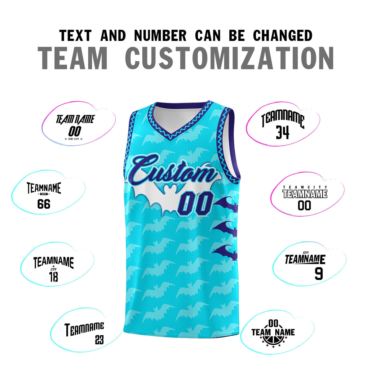 Custom Sky Blue Bat Pattern Halloween Basketball Jersey | For Men,For Kid,For Youth,Sublimation Printed,Perfect for Training,Perfect for Parties,Add Name and Numbern | KXKSHOP