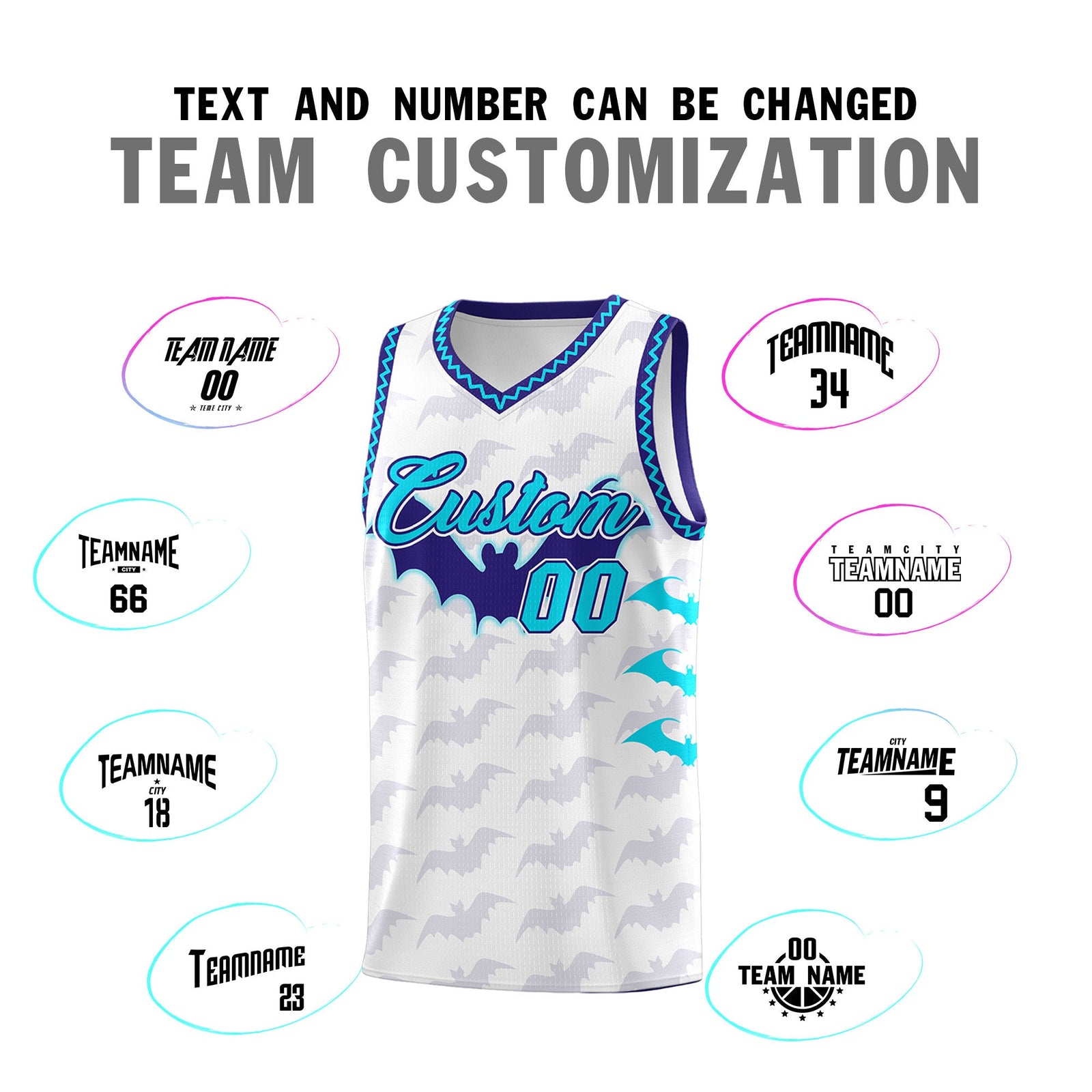Custom White Sky Blue Bat Pattern Halloween Basketball Jersey | For Men,For Kid,For Youth,Sublimation Printed,Perfect for Training,Perfect for Parties,Add Name and Numbern | KXKSHOP