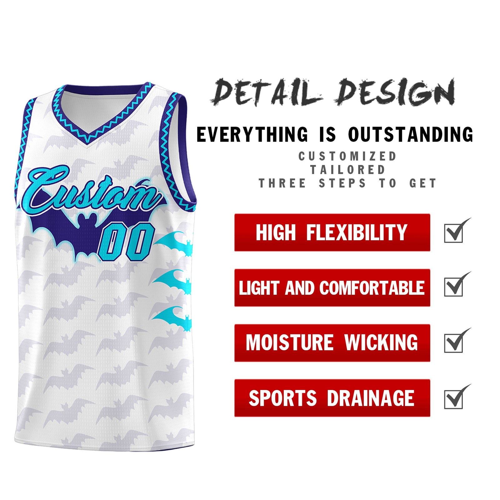 Custom White Sky Blue Bat Pattern Halloween Basketball Jersey | For Men,For Kid,For Youth,Sublimation Printed,Perfect for Training,Perfect for Parties,Add Name and Numbern | KXKSHOP
