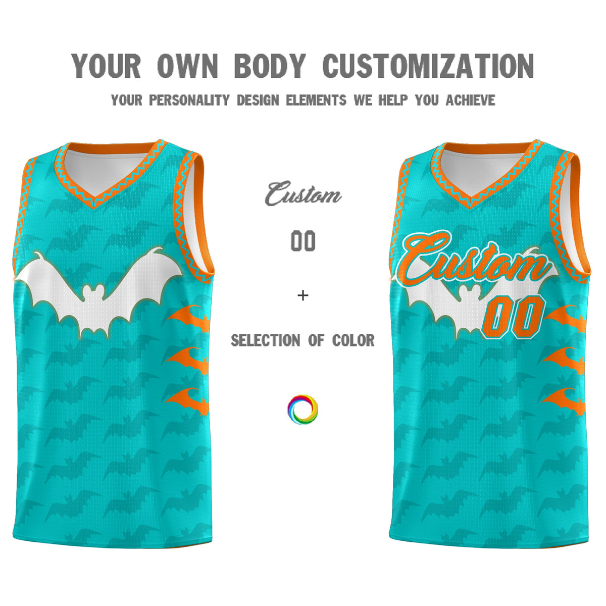 Custom Aqua Orange Bat Pattern Halloween Basketball Jersey | For Men,For Kid,For Youth,Sublimation Printed,Perfect for Training,Perfect for Parties,Add Name and Numbern | KXKSHOP