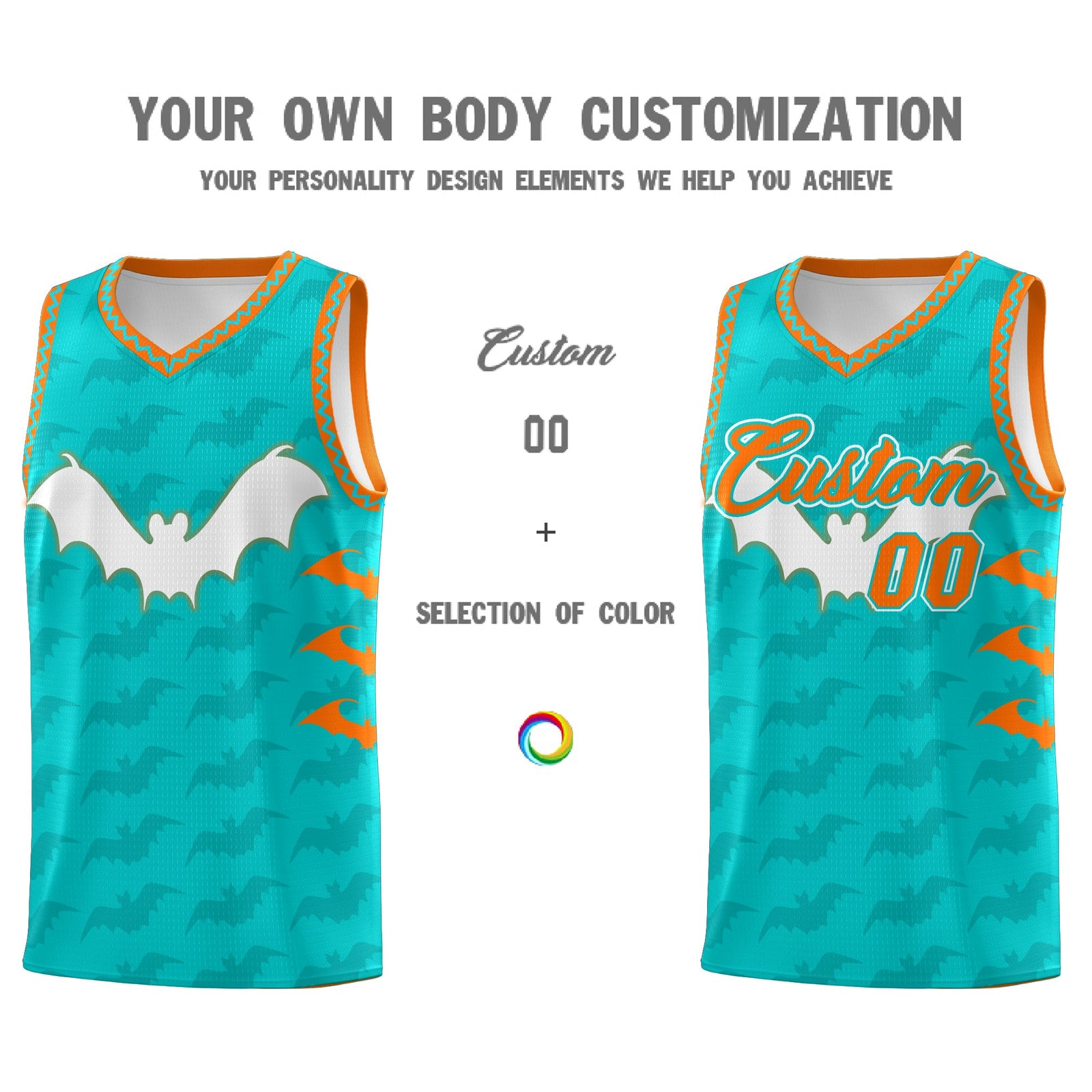 Custom Aqua Orange Bat Pattern Halloween Basketball Jersey | For Men,For Kid,For Youth,Sublimation Printed,Perfect for Training,Perfect for Parties,Add Name and Numbern | KXKSHOP