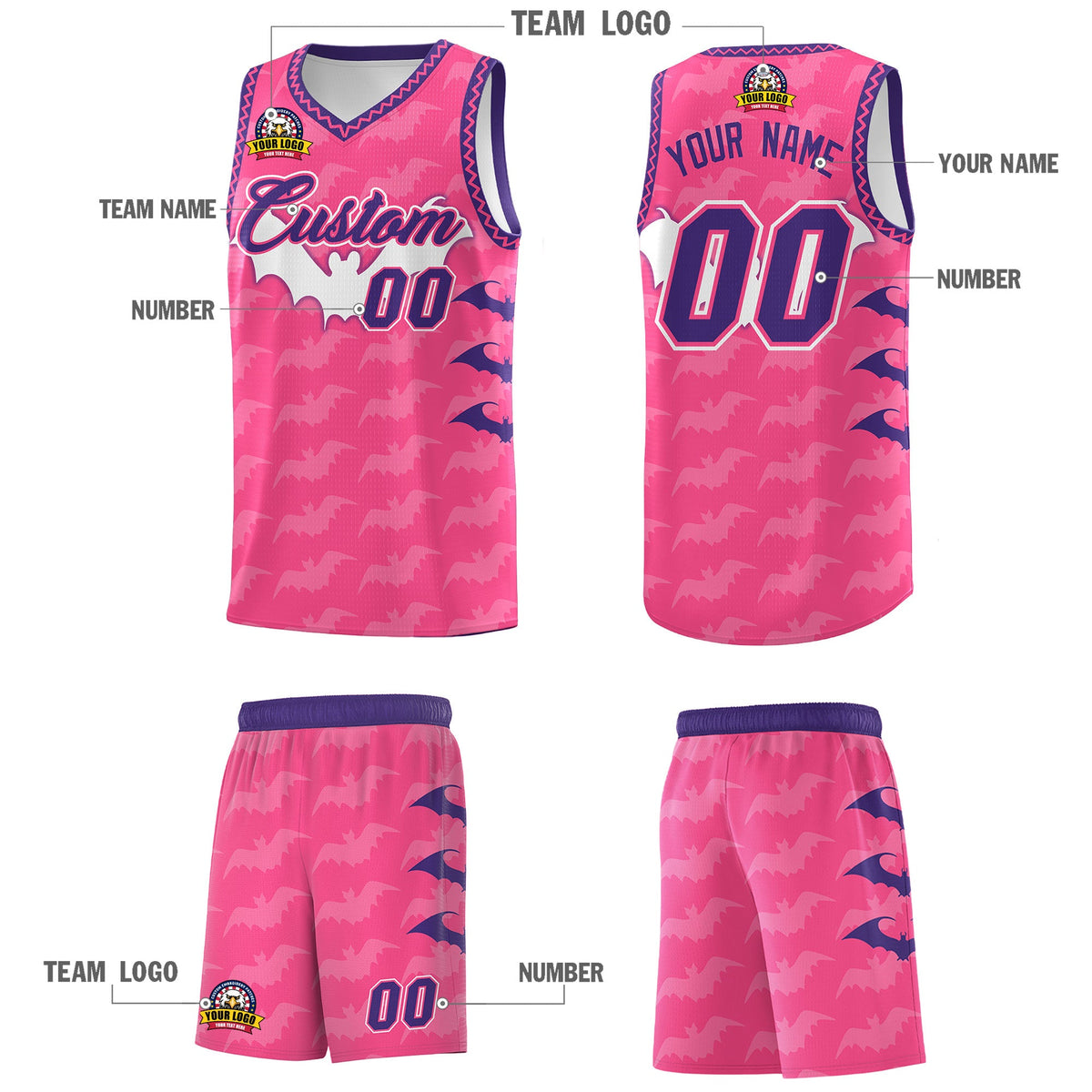 Custom Pink Purple Bat Pattern Halloween Basketball Jersey | For Men,For Kid,For Youth,Sublimation Printed,Perfect for Training,Perfect for Parties,Add Name and Numbern | KXKSHOP