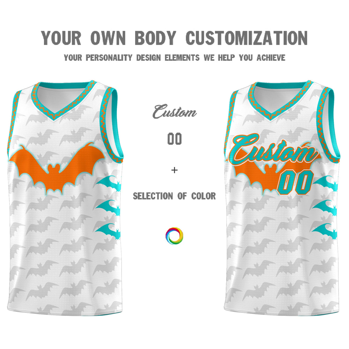 Custom White Orange Aqua Bat Pattern Halloween Basketball Jersey | For Men,For Kid,For Youth,Sublimation Printed,Perfect for Training,Perfect for Parties,Add Name and Numbern | KXKSHOP