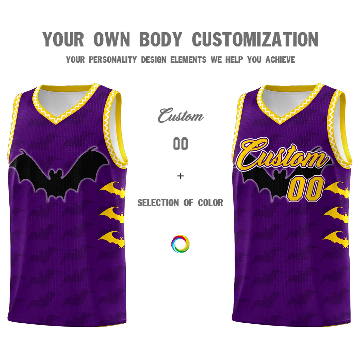 Custom Purple Gold White Bat Pattern Halloween Basketball Jersey | For Men,For Kid,For Youth,Sublimation Printed,Perfect for Training,Perfect for Parties,Add Name and Numbern | KXKSHOP