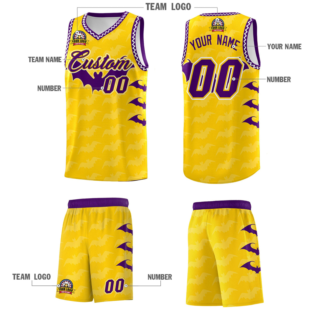 Custom Gold White Purple Bat Pattern Halloween Basketball Jersey | For Men,For Kid,For Youth,Sublimation Printed,Perfect for Training,Perfect for Parties,Add Name and Numbern | KXKSHOP