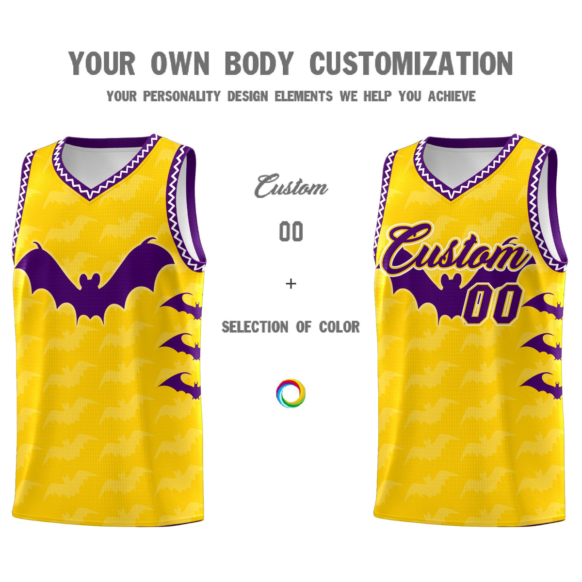 Custom Gold White Purple Bat Pattern Halloween Basketball Jersey | For Men,For Kid,For Youth,Sublimation Printed,Perfect for Training,Perfect for Parties,Add Name and Numbern | KXKSHOP