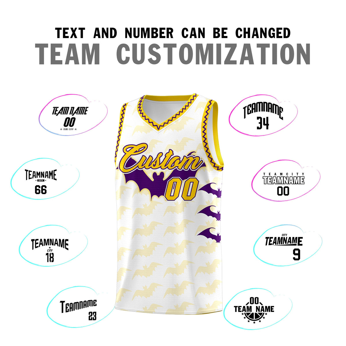 Custom White Purple Gold Bat Pattern Halloween Basketball Jersey | For Men,For Kid,For Youth,Sublimation Printed,Perfect for Training,Perfect for Parties,Add Name and Numbern | KXKSHOP