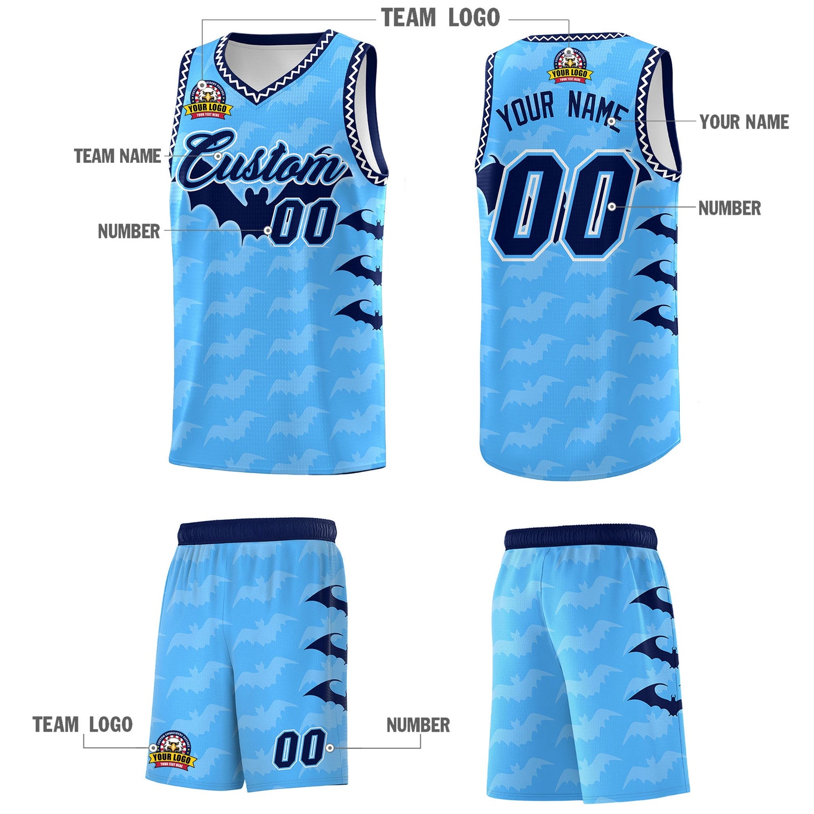 Custom Powder Blue White Bat Pattern Halloween Basketball Jersey | For Men,For Kid,For Youth,Sublimation Printed,Perfect for Training,Perfect for Parties,Add Name and Numbern | KXKSHOP