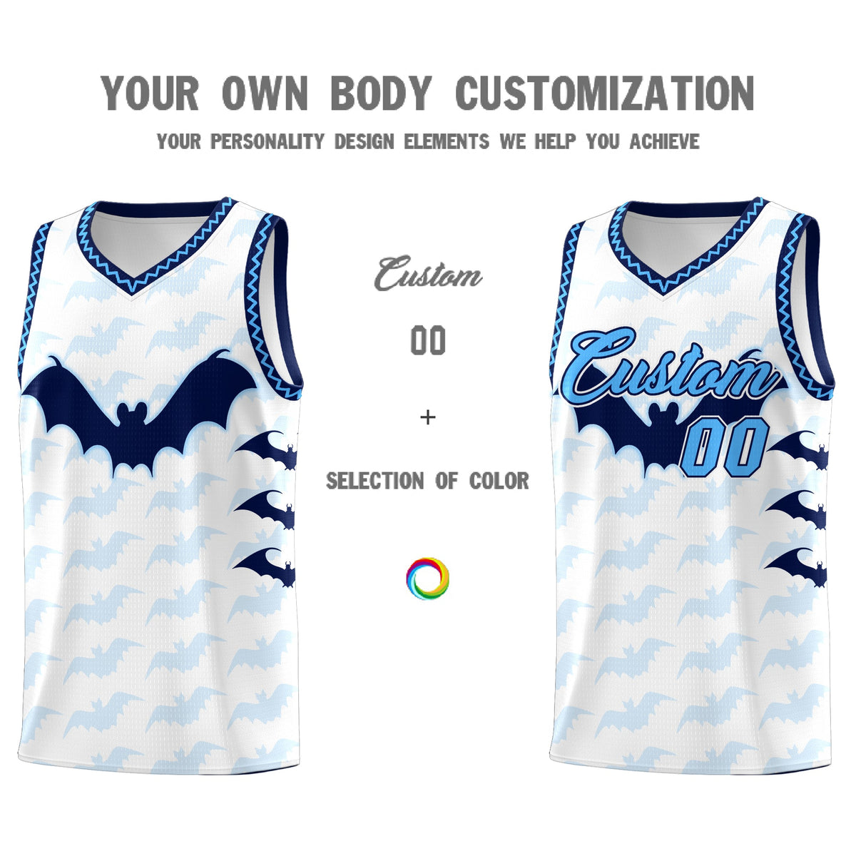 Custom White Powder Blue Bat Pattern Halloween Basketball Jersey | For Men,For Kid,For Youth,Sublimation Printed,Perfect for Training,Perfect for Parties,Add Name and Numbern | KXKSHOP