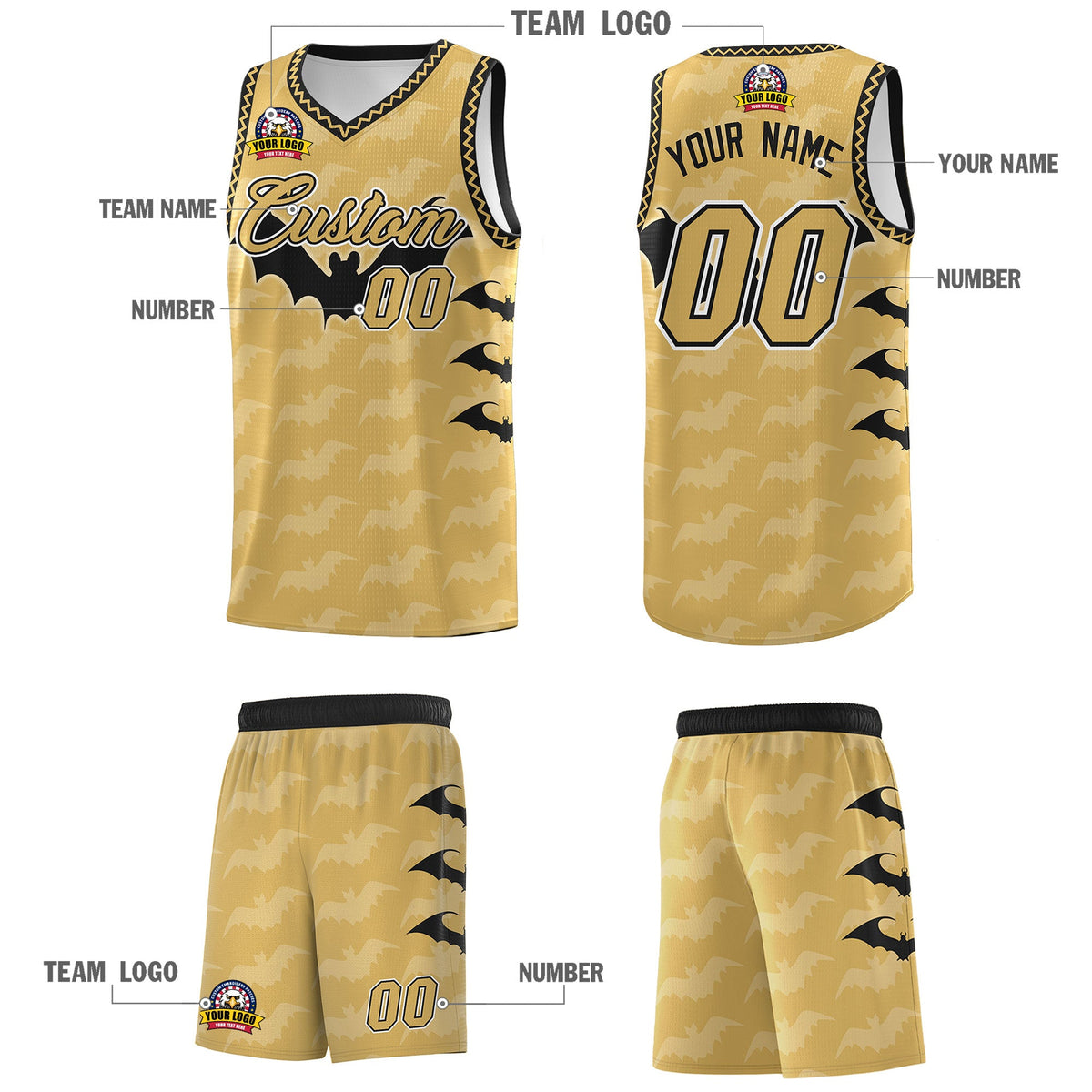 Custom Old Gold Black White Bat Pattern Halloween Basketball Jersey | For Men,For Kid,For Youth,Sublimation Printed,Perfect for Training,Perfect for Parties,Add Name and Numbern | KXKSHOP