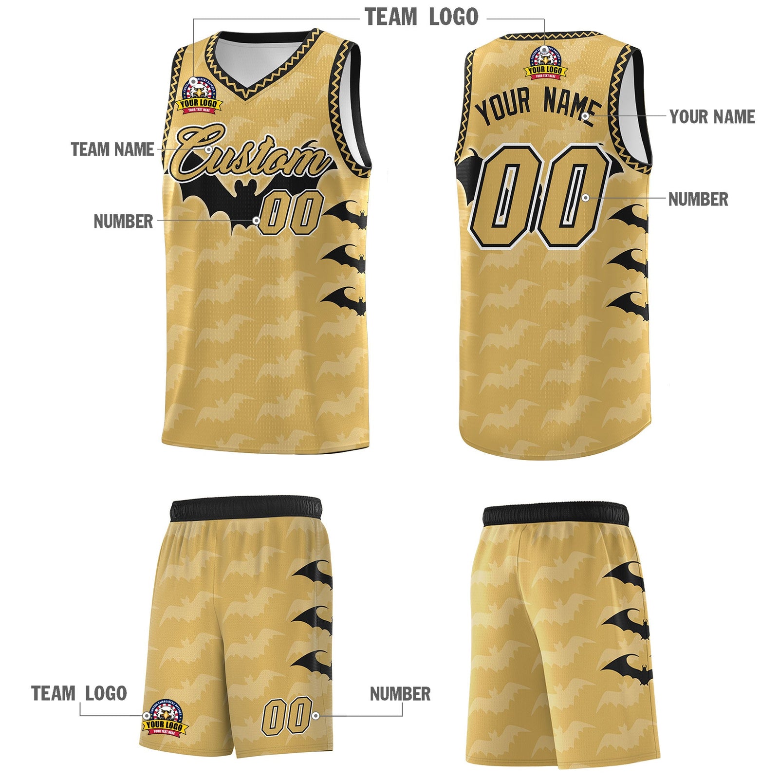 Custom Old Gold Black White Bat Pattern Halloween Basketball Jersey | For Men,For Kid,For Youth,Sublimation Printed,Perfect for Training,Perfect for Parties,Add Name and Numbern | KXKSHOP