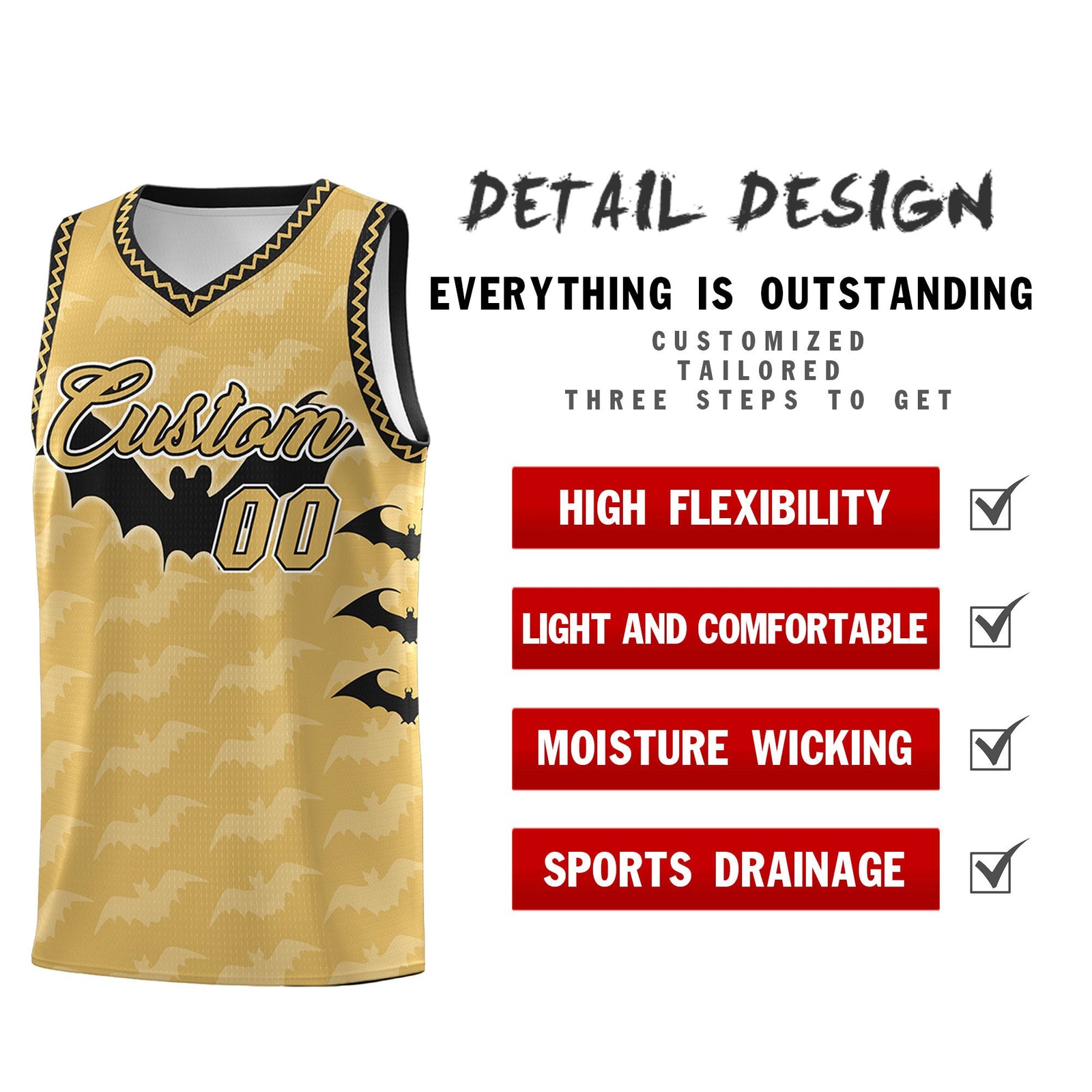 Custom Old Gold Black White Bat Pattern Halloween Basketball Jersey | For Men,For Kid,For Youth,Sublimation Printed,Perfect for Training,Perfect for Parties,Add Name and Numbern | KXKSHOP