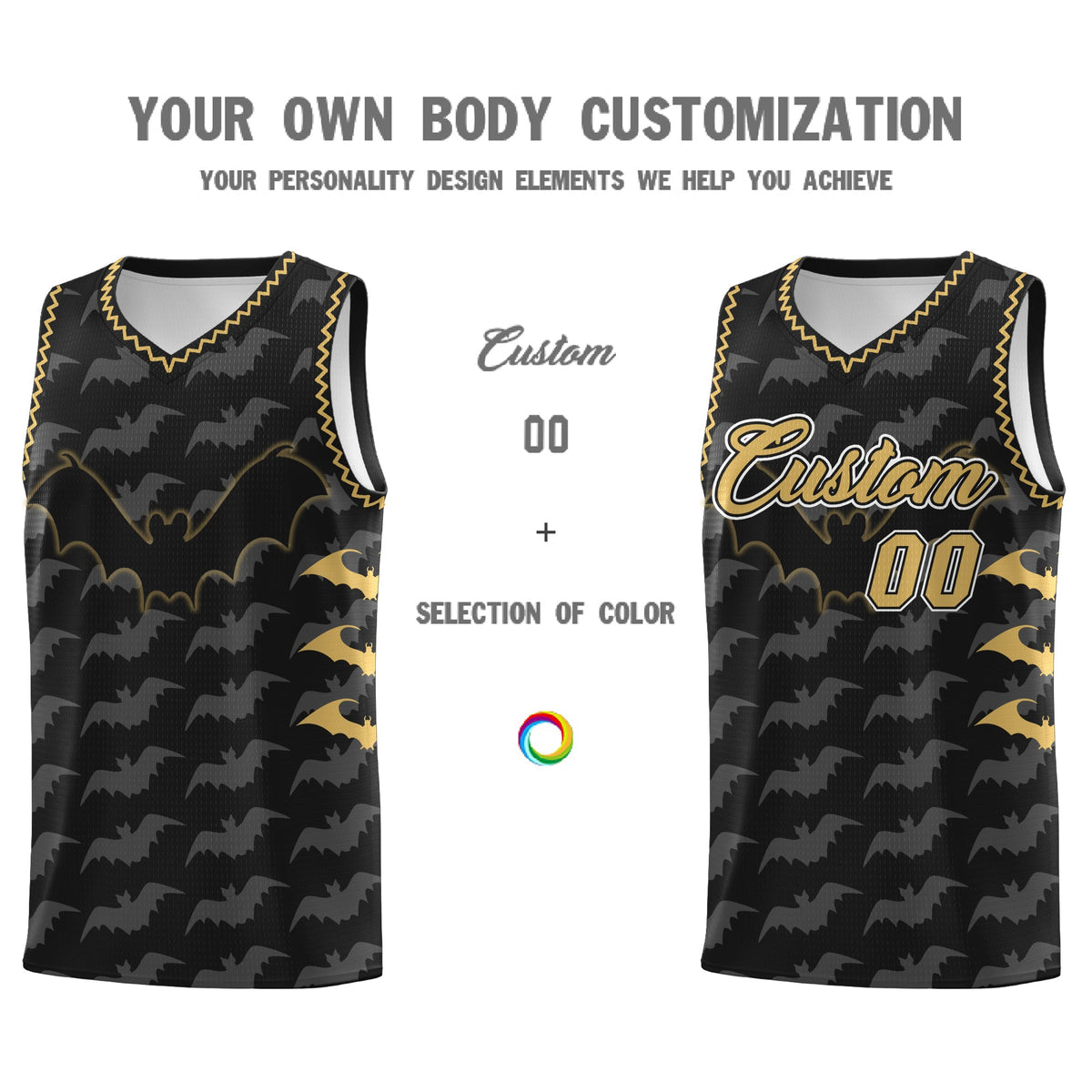 Custom Black Old Gold White Bat Pattern Halloween Basketball Jersey | For Men,For Kid,For Youth,Sublimation Printed,Perfect for Training,Perfect for Parties,Add Name and Numbern | KXKSHOP