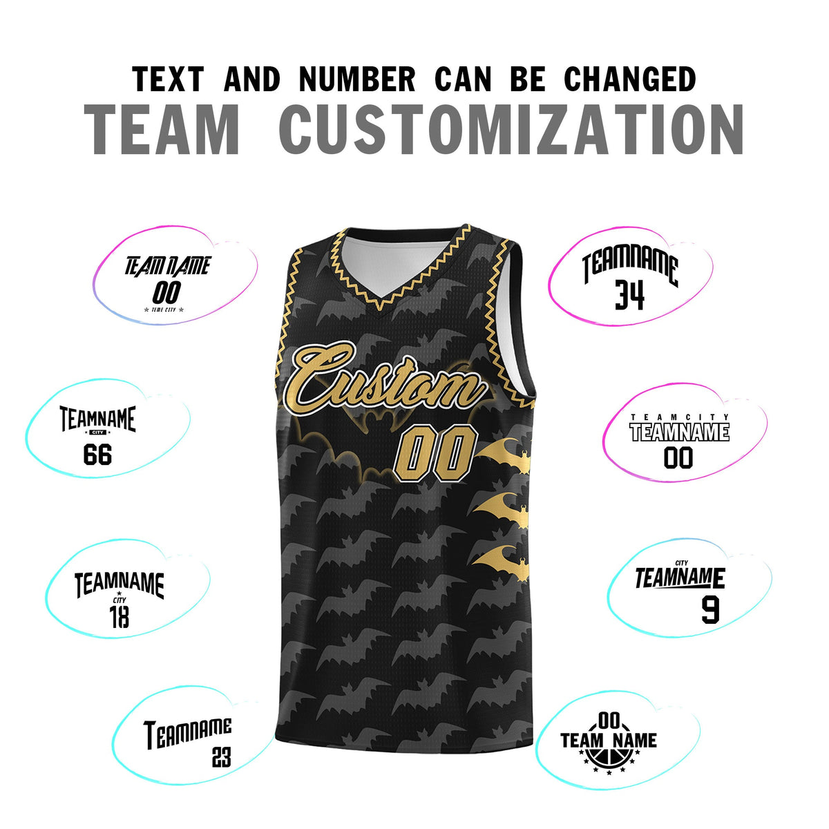 Custom Black Old Gold White Bat Pattern Halloween Basketball Jersey | For Men,For Kid,For Youth,Sublimation Printed,Perfect for Training,Perfect for Parties,Add Name and Numbern | KXKSHOP