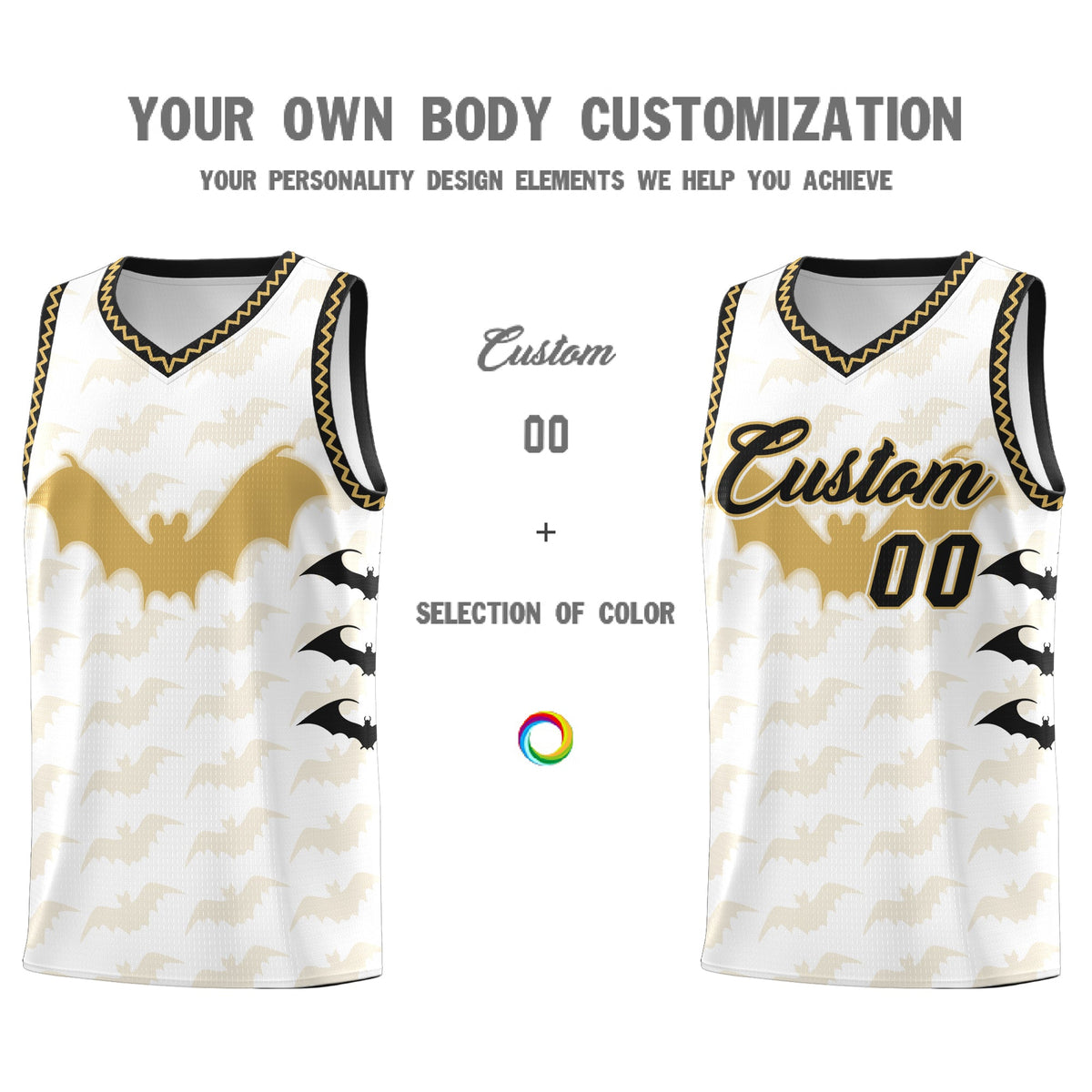 Custom White Old Gold Bat Pattern Halloween Basketball Jersey | For Men,For Kid,For Youth,Sublimation Printed,Perfect for Training,Perfect for Parties,Add Name and Numbern | KXKSHOP