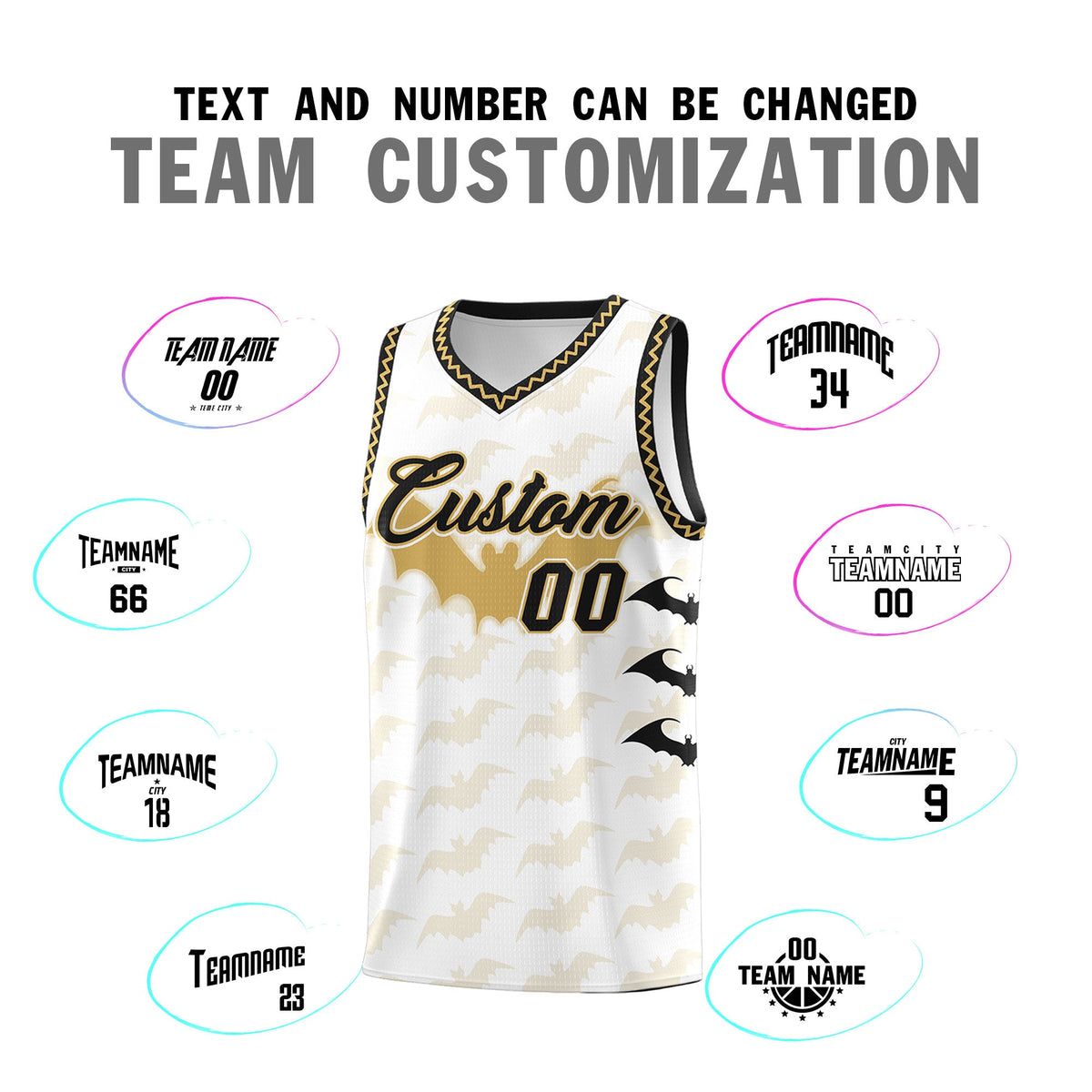 Custom White Old Gold Bat Pattern Halloween Basketball Jersey | For Men,For Kid,For Youth,Sublimation Printed,Perfect for Training,Perfect for Parties,Add Name and Numbern | KXKSHOP