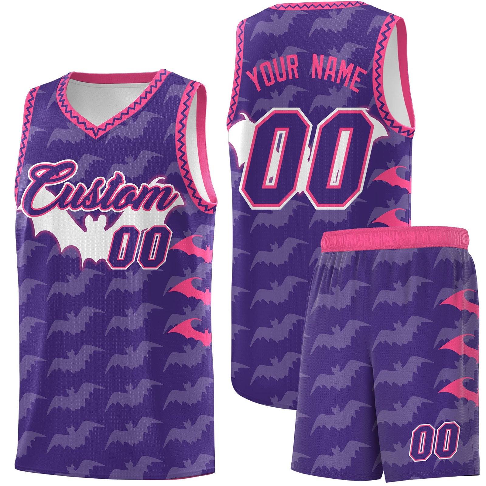 Custom Purple White Pink Bat Pattern Halloween Basketball Jersey | For Men,For Kid,For Youth,Sublimation Printed,Perfect for Training,Perfect for Parties,Add Name and Numbern | KXKSHOP