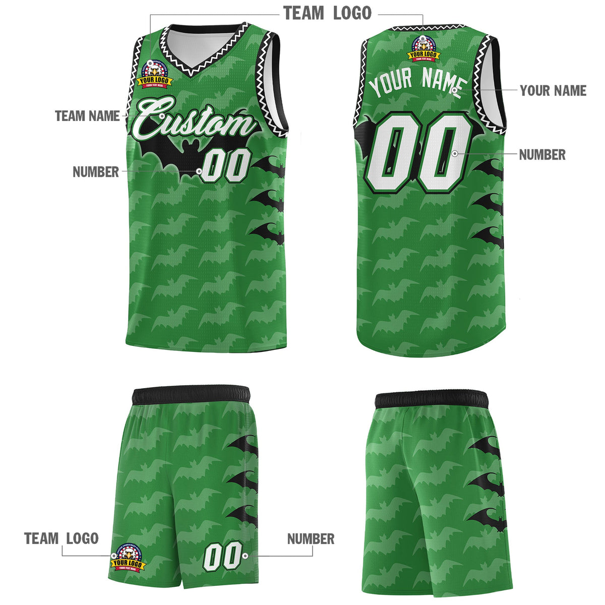 Custom Kelly Green White Black Bat Pattern Halloween Basketball Jersey | For Men,For Kid,For Youth,Sublimation Printed,Perfect for Training,Perfect for Parties,Add Name and Numbern | KXKSHOP