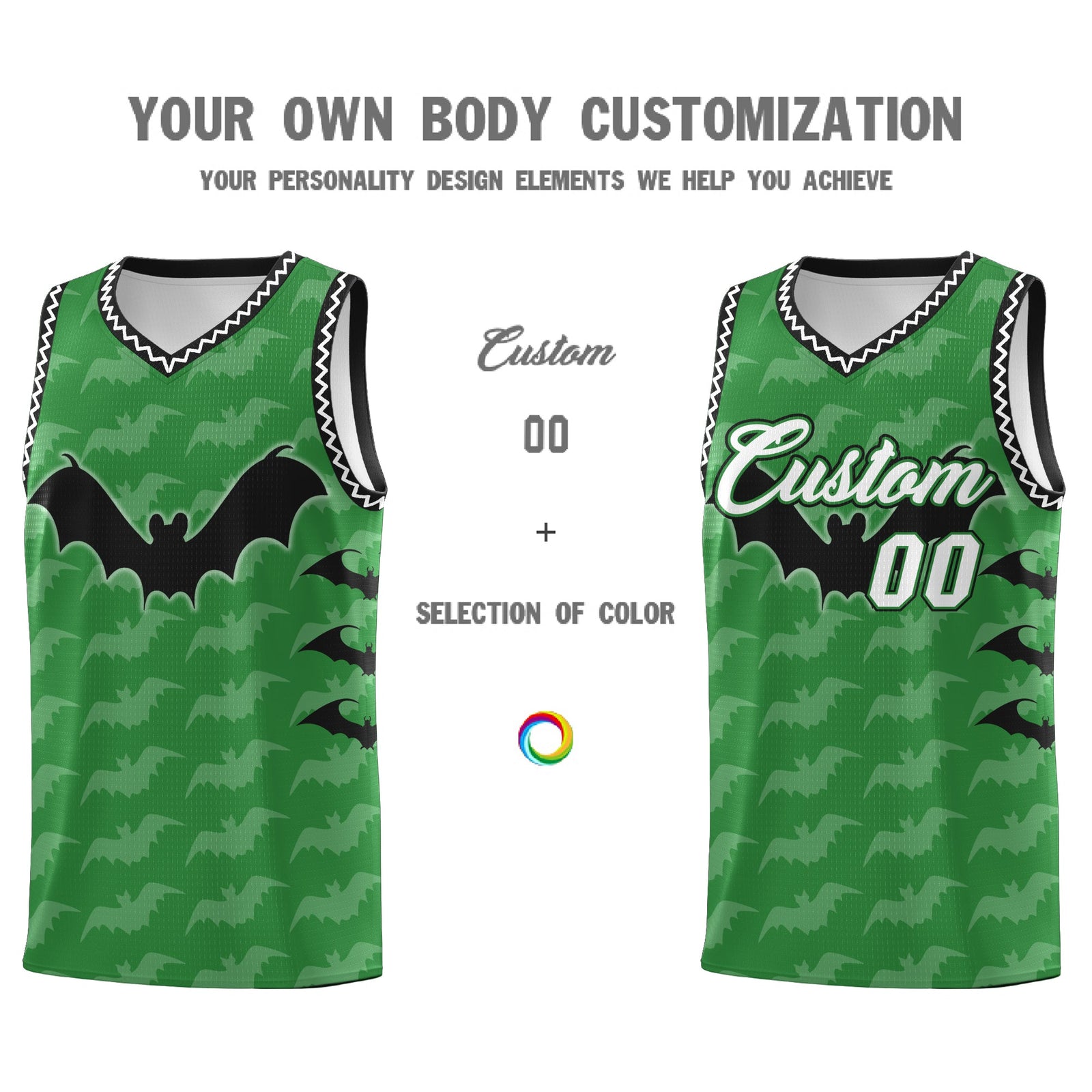 Custom Kelly Green White Black Bat Pattern Halloween Basketball Jersey | For Men,For Kid,For Youth,Sublimation Printed,Perfect for Training,Perfect for Parties,Add Name and Numbern | KXKSHOP