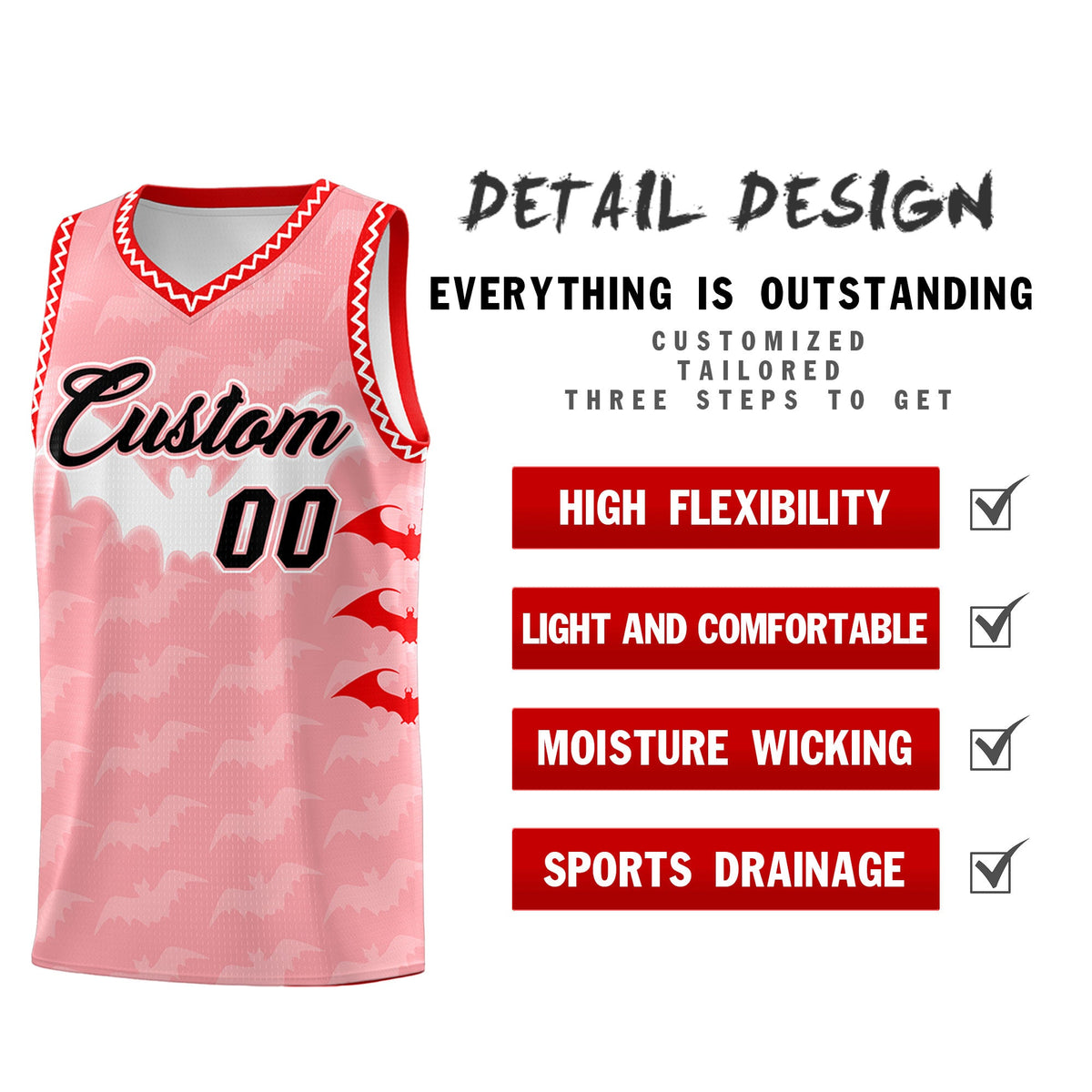 Custom Light Pink White Bat Pattern Halloween Basketball Jersey | For Men,For Kid,For Youth,Sublimation Printed,Perfect for Training,Perfect for Parties,Add Name and Numbern | KXKSHOP