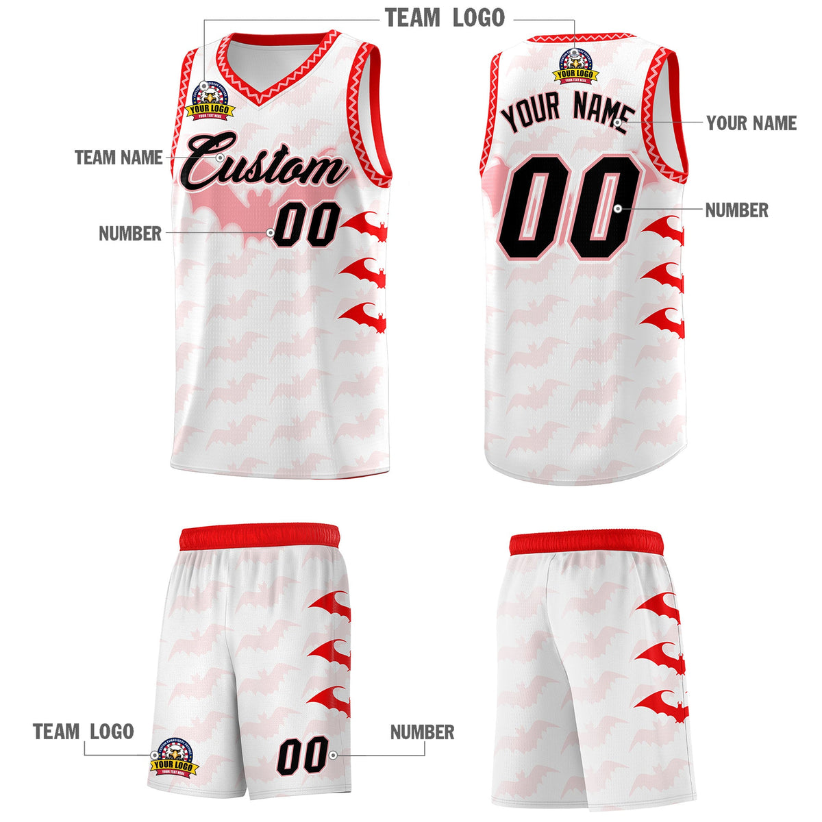 Custom White Light Pink Bat Pattern Halloween Basketball Jersey | For Men,For Kid,For Youth,Sublimation Printed,Perfect for Training,Perfect for Parties,Add Name and Numbern | KXKSHOP