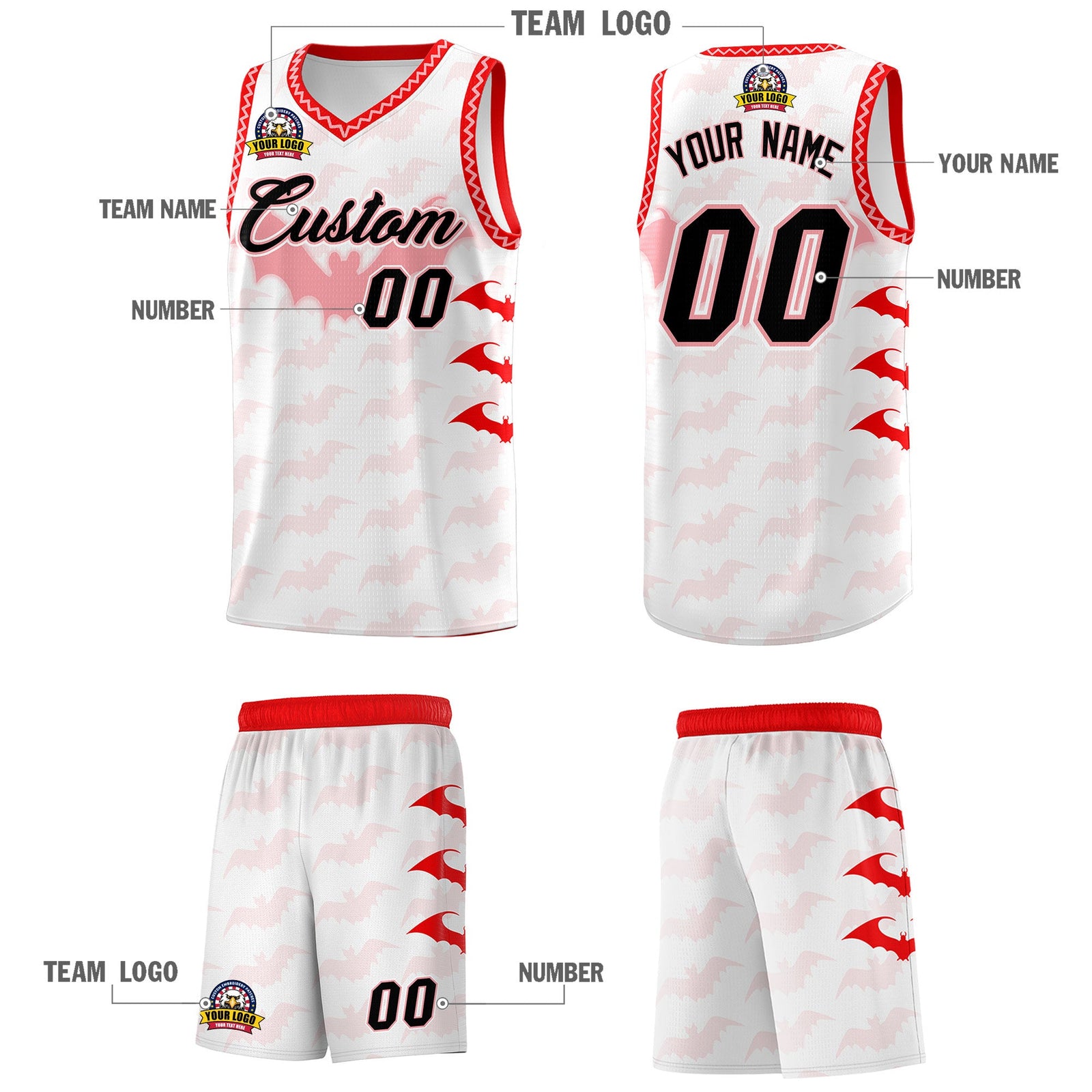 Custom White Light Pink Bat Pattern Halloween Basketball Jersey | For Men,For Kid,For Youth,Sublimation Printed,Perfect for Training,Perfect for Parties,Add Name and Numbern | KXKSHOP
