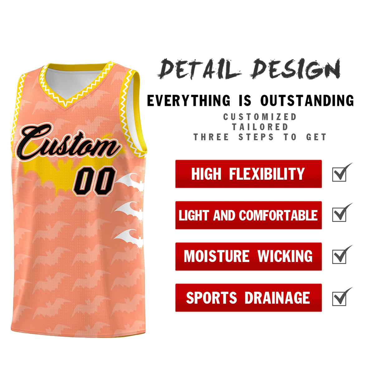 Custom Light Orange White Bat Pattern Halloween Basketball Jersey | For Men,For Kid,For Youth,Sublimation Printed,Perfect for Training,Perfect for Parties,Add Name and Numbern | KXKSHOP