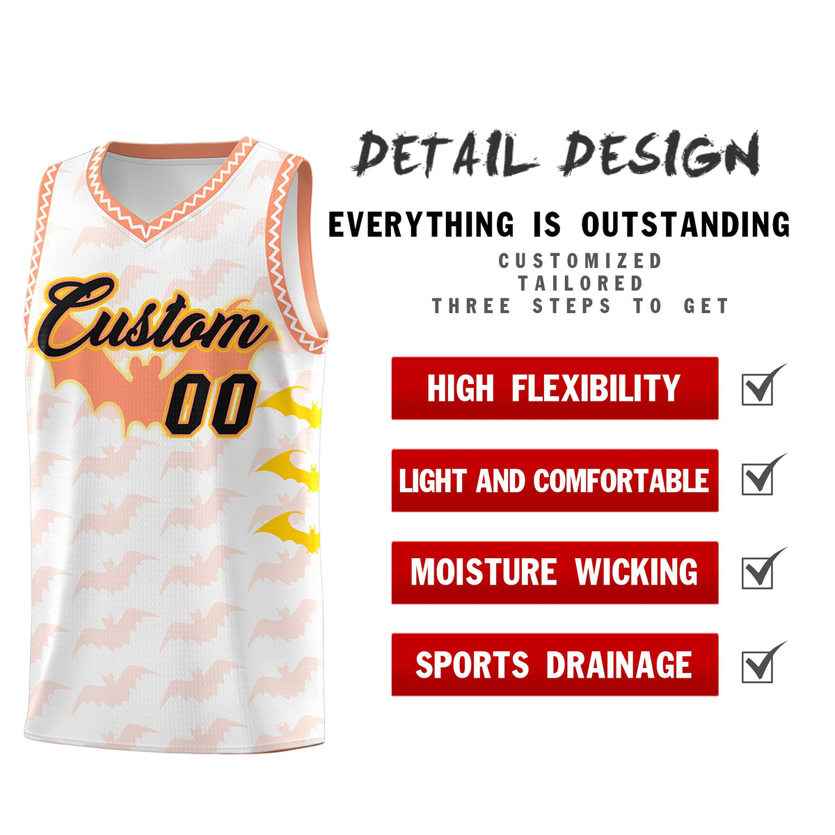 Custom White Gold Light Orange Bat Pattern Halloween Basketball Jersey | For Men,For Kid,For Youth,Sublimation Printed,Perfect for Training,Perfect for Parties,Add Name and Numbern | KXKSHOP