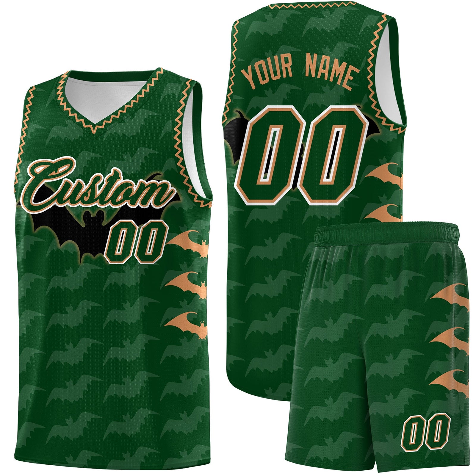 Custom Green Buckskin Brown Bat Pattern Halloween Basketball Jersey | For Men,For Kid,For Youth,Sublimation Printed,Perfect for Training,Perfect for Parties,Add Name and Numbern | KXKSHOP
