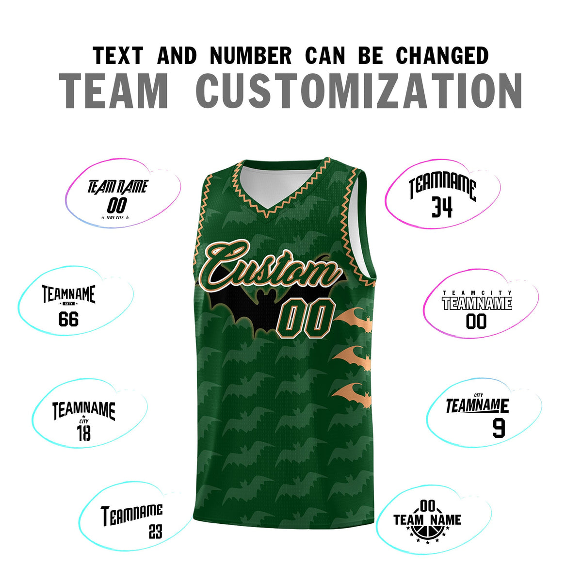 Custom Green Buckskin Brown Bat Pattern Halloween Basketball Jersey | For Men,For Kid,For Youth,Sublimation Printed,Perfect for Training,Perfect for Parties,Add Name and Numbern | KXKSHOP