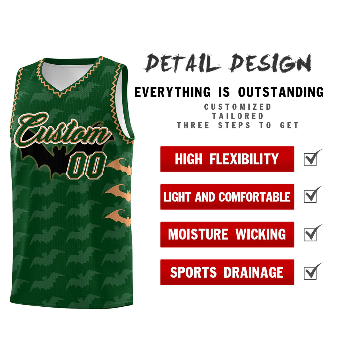 Custom Green Buckskin Brown Bat Pattern Halloween Basketball Jersey | For Men,For Kid,For Youth,Sublimation Printed,Perfect for Training,Perfect for Parties,Add Name and Numbern | KXKSHOP