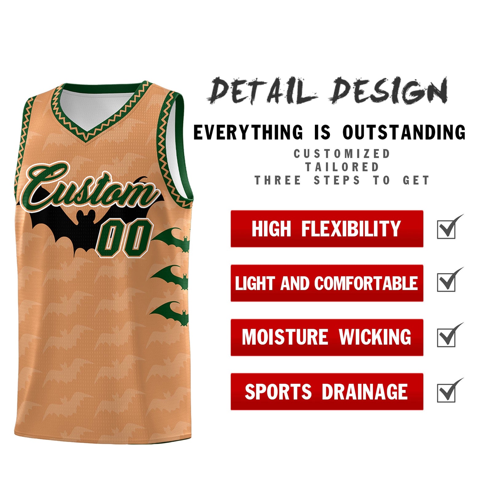 Custom Buckskin Brown Bat Pattern Halloween Basketball Jersey | For Men,For Kid,For Youth,Sublimation Printed,Perfect for Training,Perfect for Parties,Add Name and Numbern | KXKSHOP