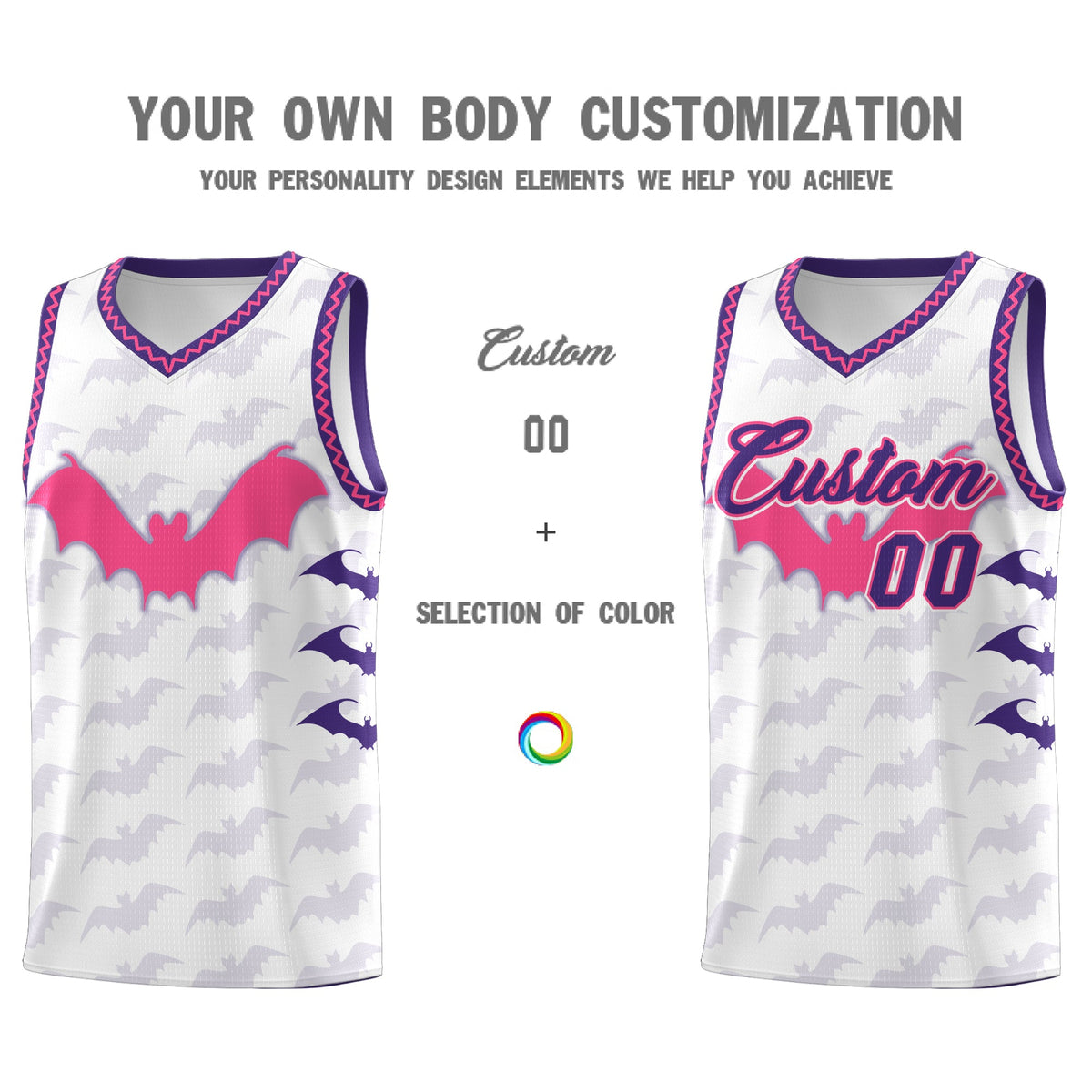 Custom White Pink Purple Bat Pattern Halloween Basketball Jersey | For Men,For Kid,For Youth,Sublimation Printed,Perfect for Training,Perfect for Parties,Add Name and Numbern | KXKSHOP