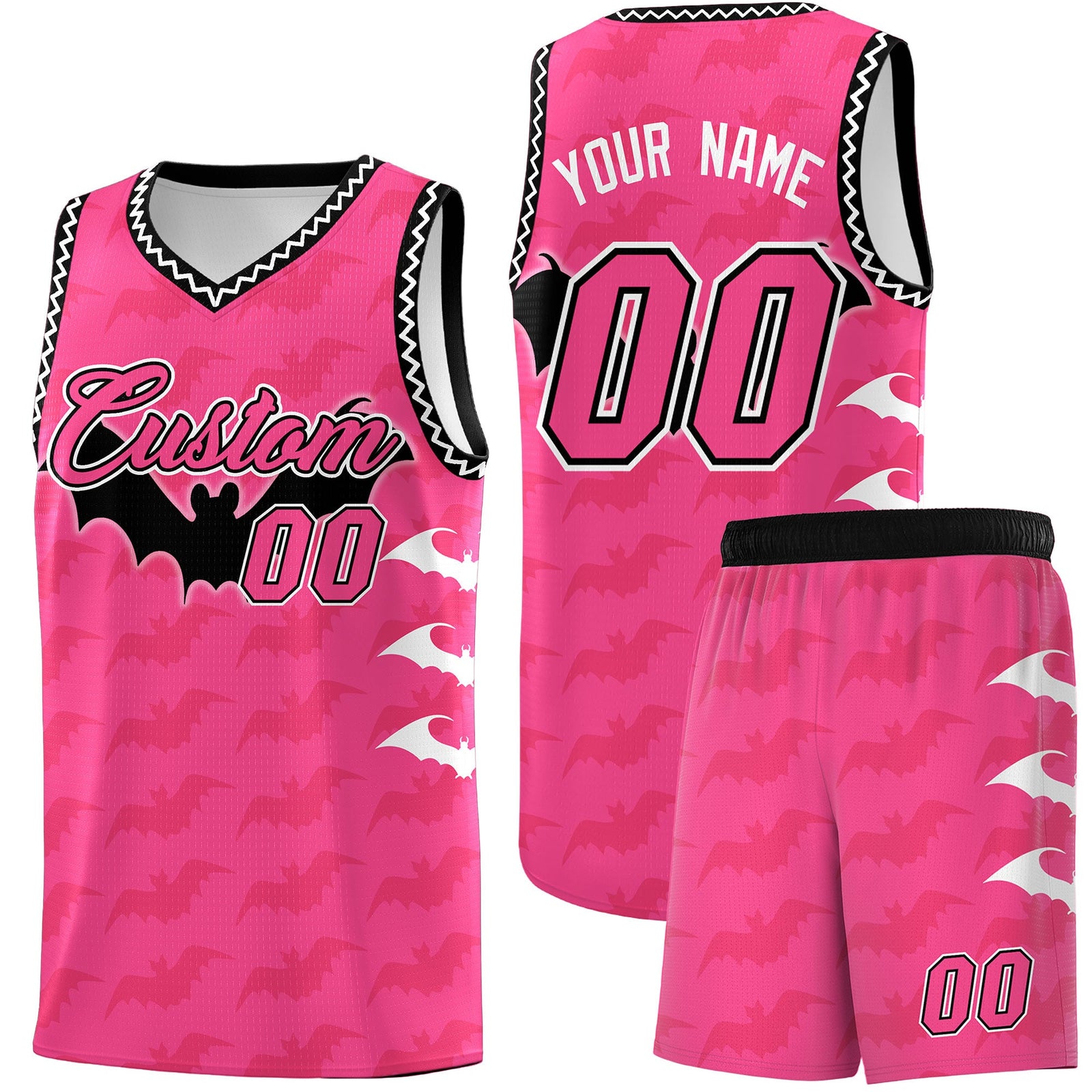 Custom Pink Black White Bat Pattern Halloween Basketball Jersey | For Men,For Kid,For Youth,Sublimation Printed,Perfect for Training,Perfect for Parties,Add Name and Numbern | KXKSHOP