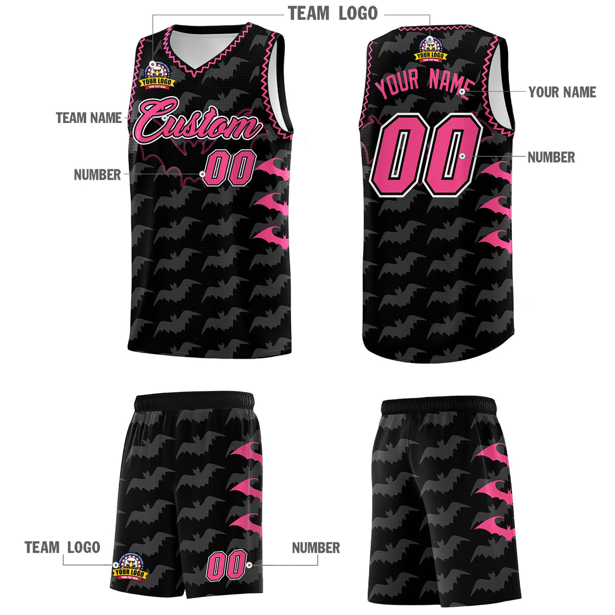 Custom Black Pink Bat Pattern Halloween Basketball Jersey | For Men,For Kid,For Youth,Sublimation Printed,Perfect for Training,Perfect for Parties,Add Name and Numbern | KXKSHOP