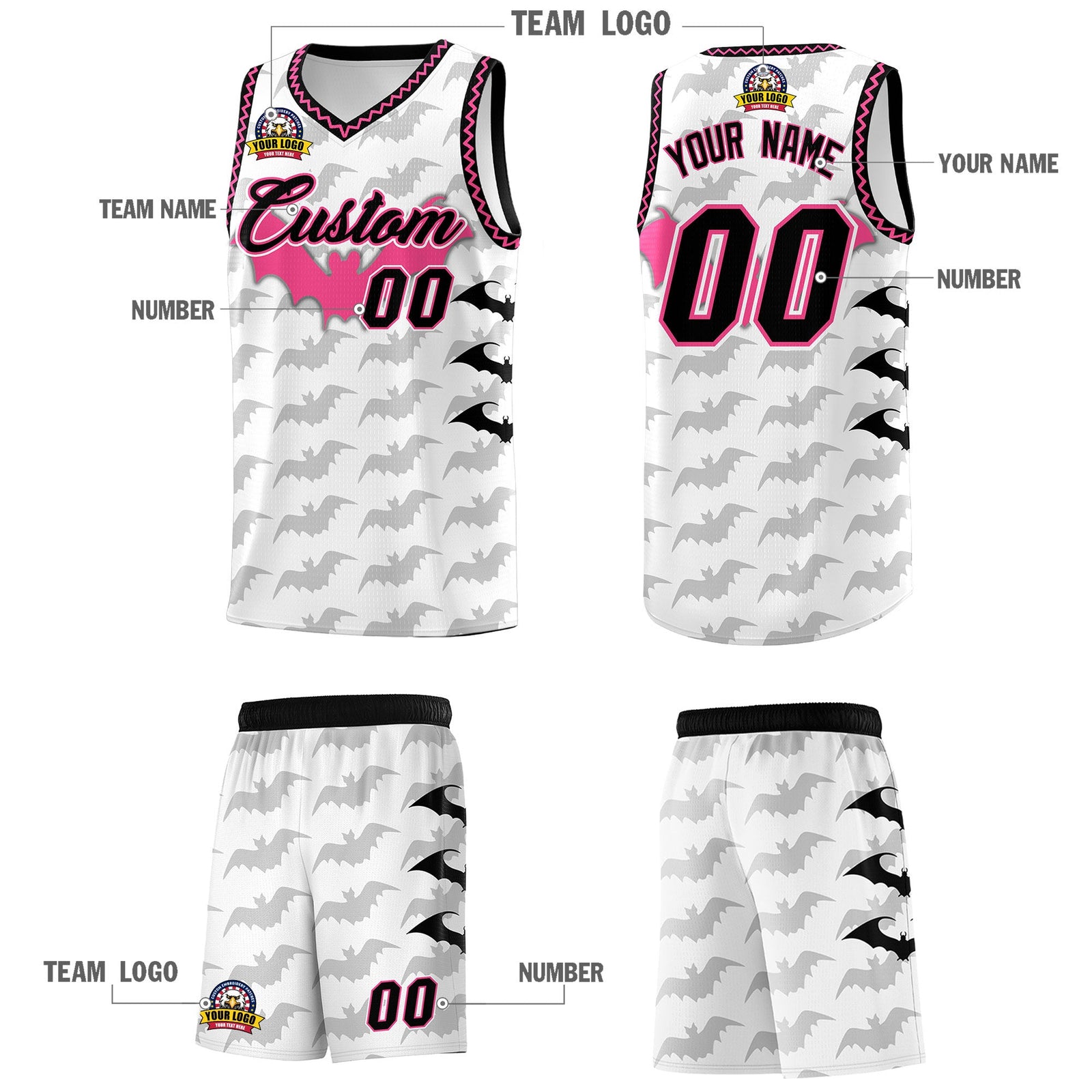 Custom White Black Pink Bat Pattern Halloween Basketball Jersey | For Men,For Kid,For Youth,Sublimation Printed,Perfect for Training,Perfect for Parties,Add Name and Numbern | KXKSHOP