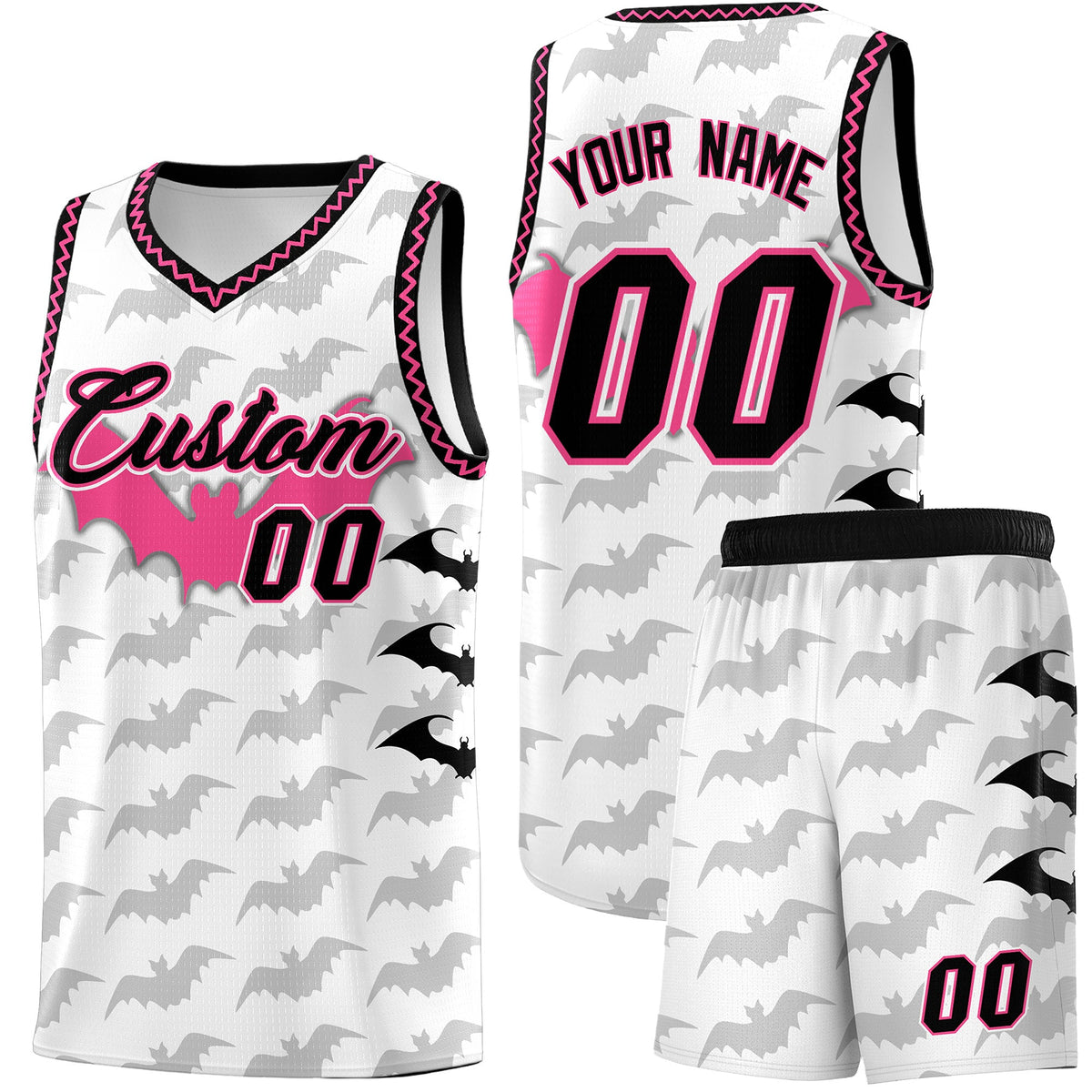 Custom White Black Pink Bat Pattern Halloween Basketball Jersey | For Men,For Kid,For Youth,Sublimation Printed,Perfect for Training,Perfect for Parties,Add Name and Numbern | KXKSHOP