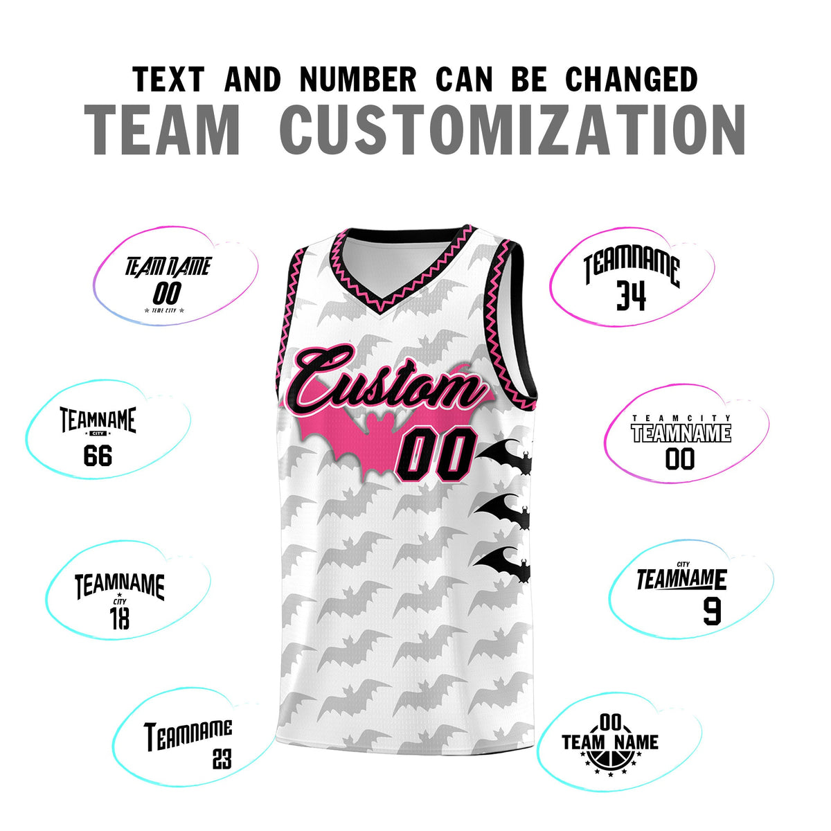 Custom White Black Pink Bat Pattern Halloween Basketball Jersey | For Men,For Kid,For Youth,Sublimation Printed,Perfect for Training,Perfect for Parties,Add Name and Numbern | KXKSHOP